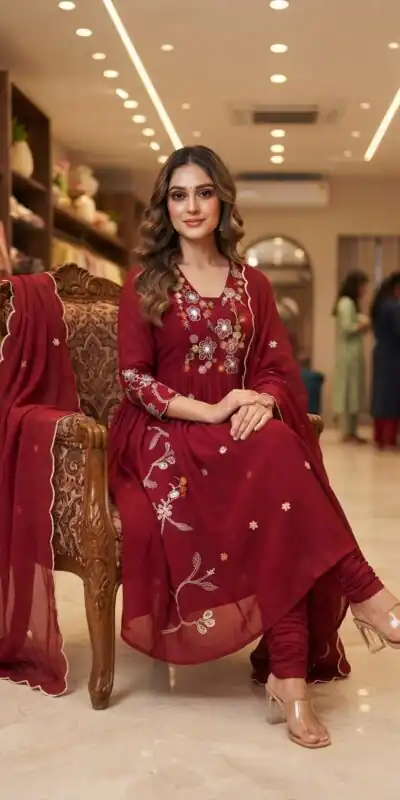 Alternative view of Graceful Maroon Mul Chanderi Silk Thread Work Salwar Suit