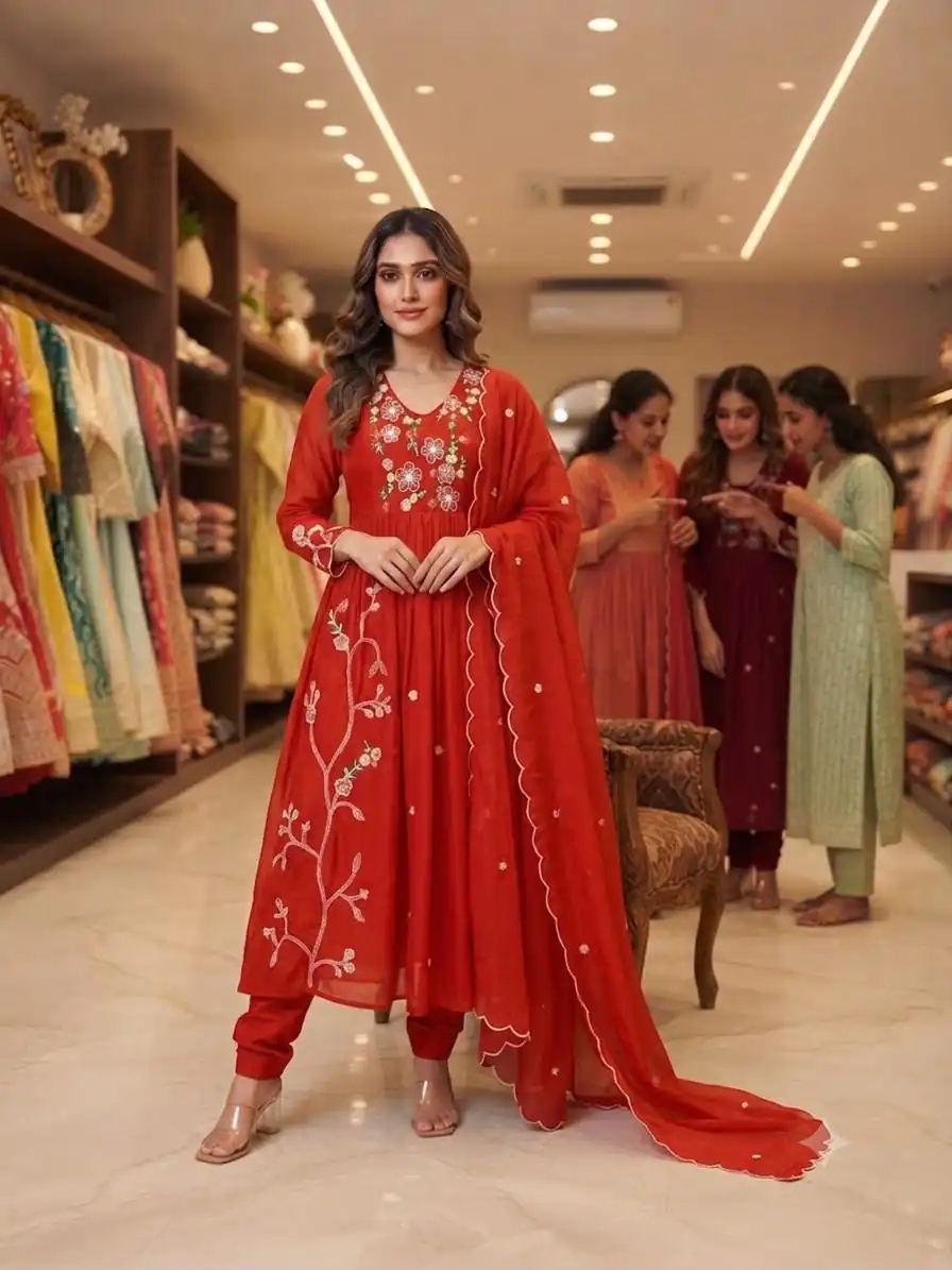 Graceful Red Mul Chanderi Silk Thread Work Salwar Suit - Image 3