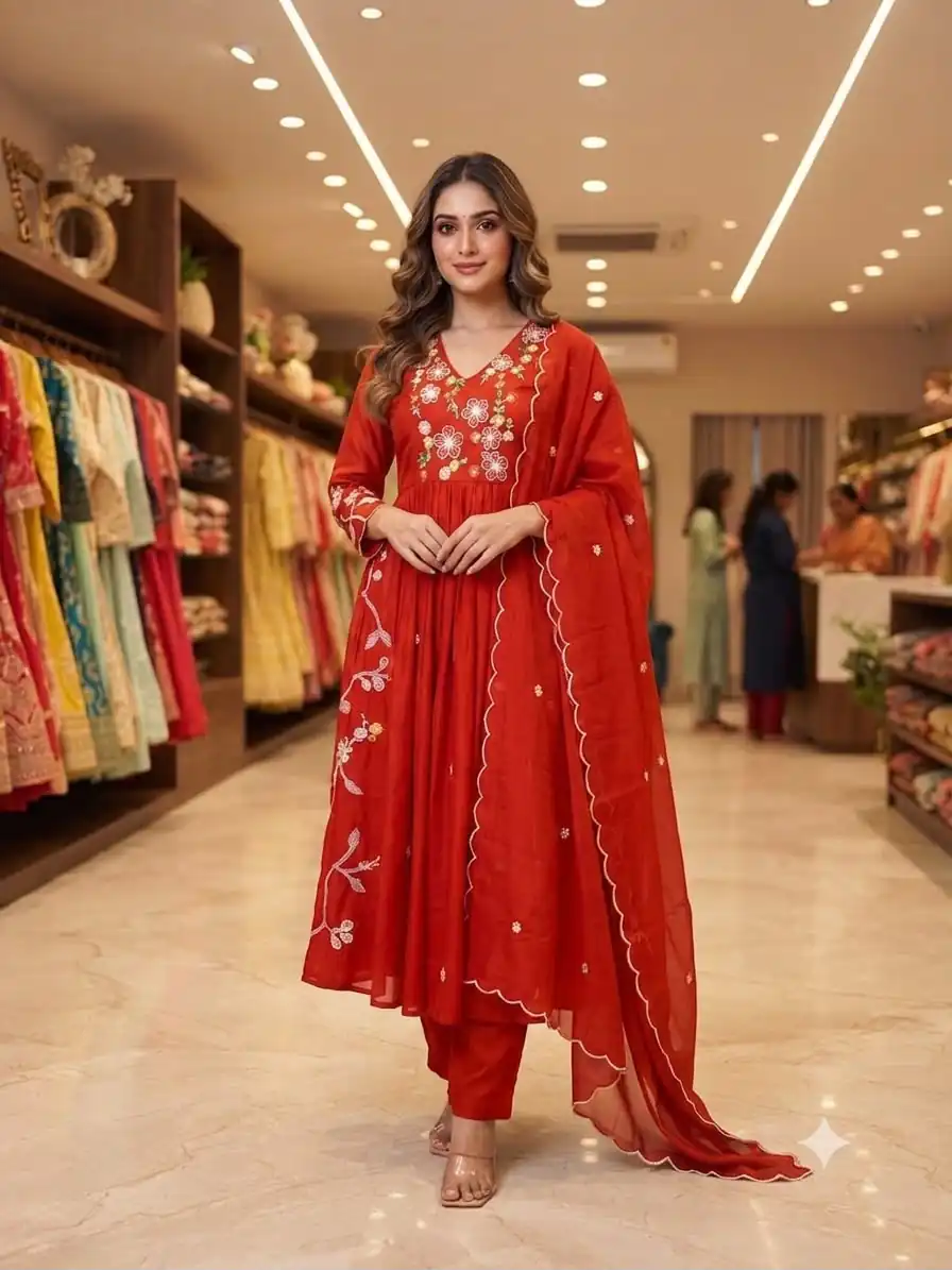 Graceful Red Mul Chanderi Silk Thread Work Salwar Suit
