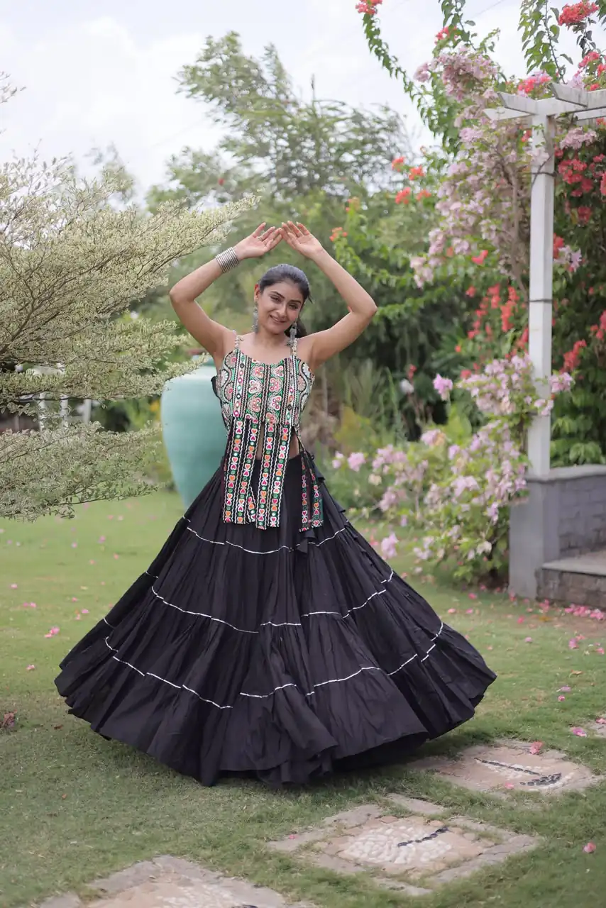 Grand Black Kora Cotton Kutchi Patch Work Lehenga Choli - Image 4