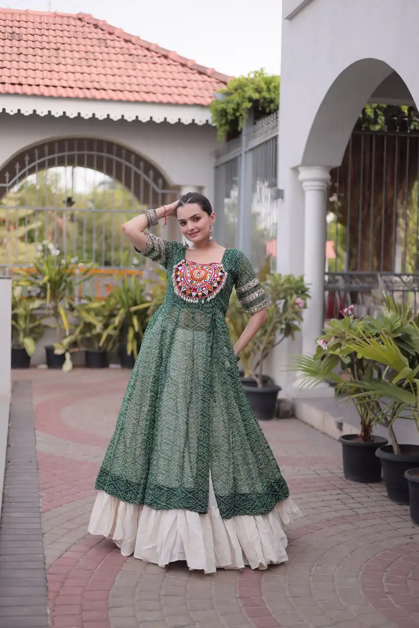 Grand Green Kora Cotton Bandhani Print Work Lehenga Choli - Image 3