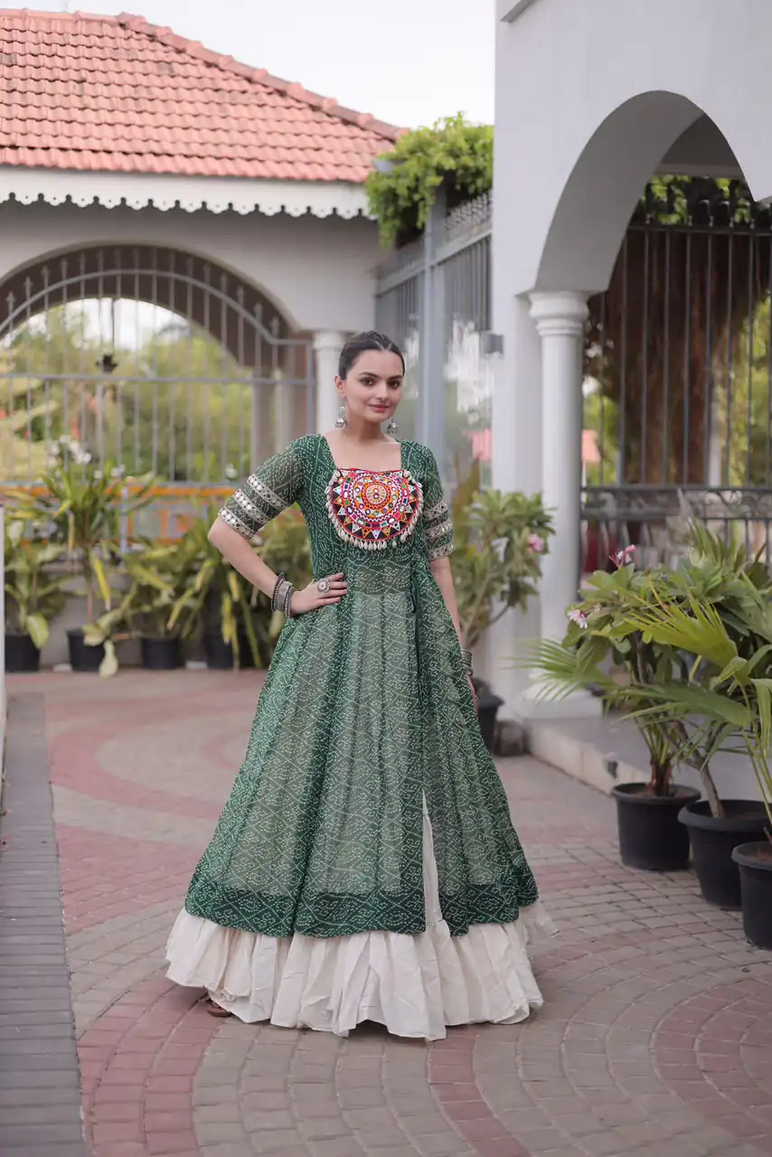 Grand Green Kora Cotton Bandhani Print Work Lehenga Choli - Image 2