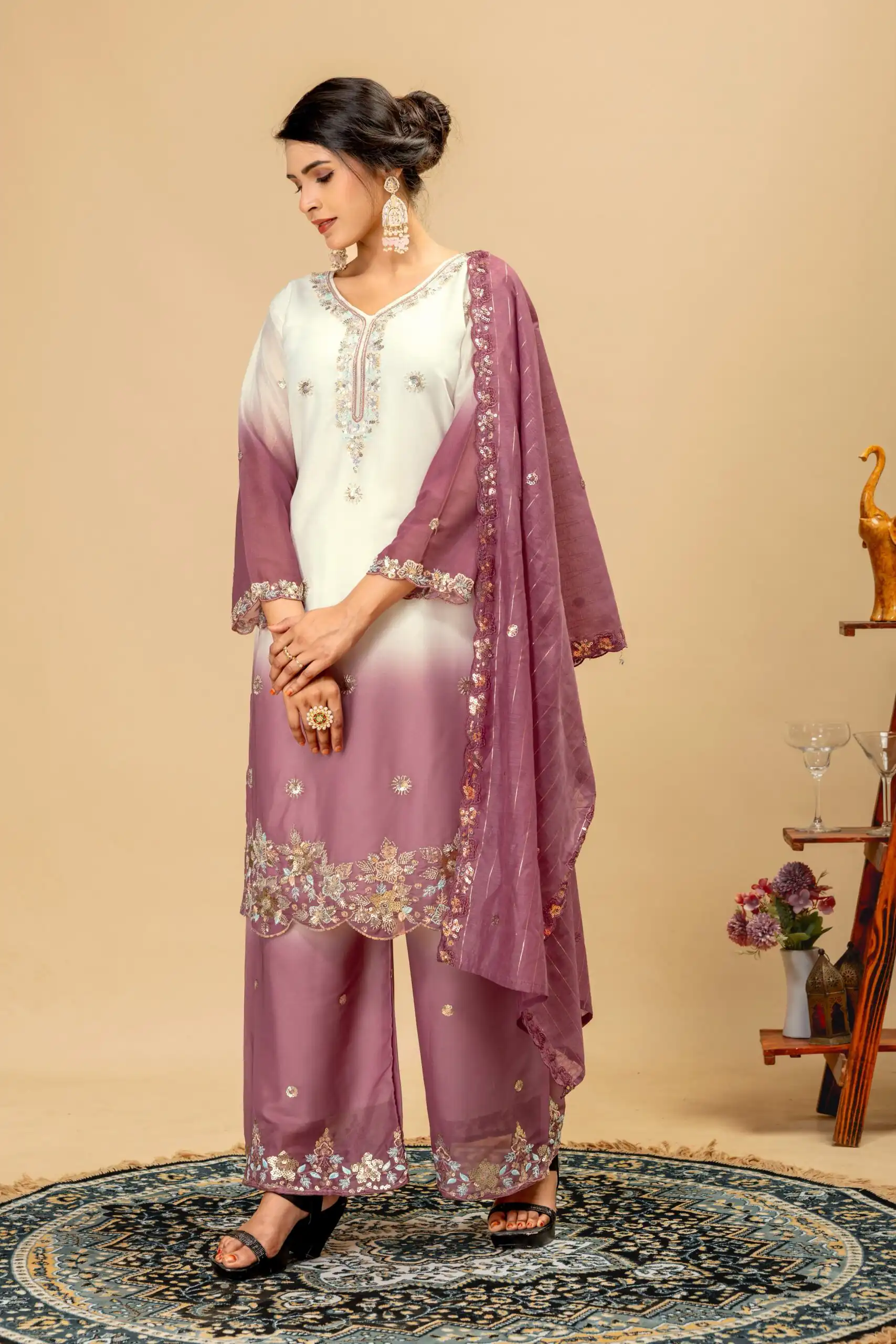 Grand Onion Star Georgette Beads Work Salwar Suit
