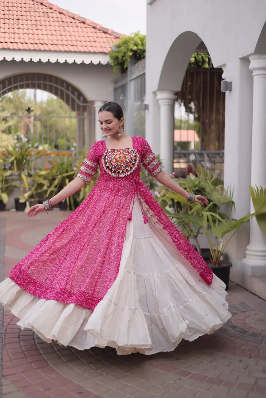 Grand Pink Kora Cotton Bandhani Print Work Lehenga Choli - Image 4