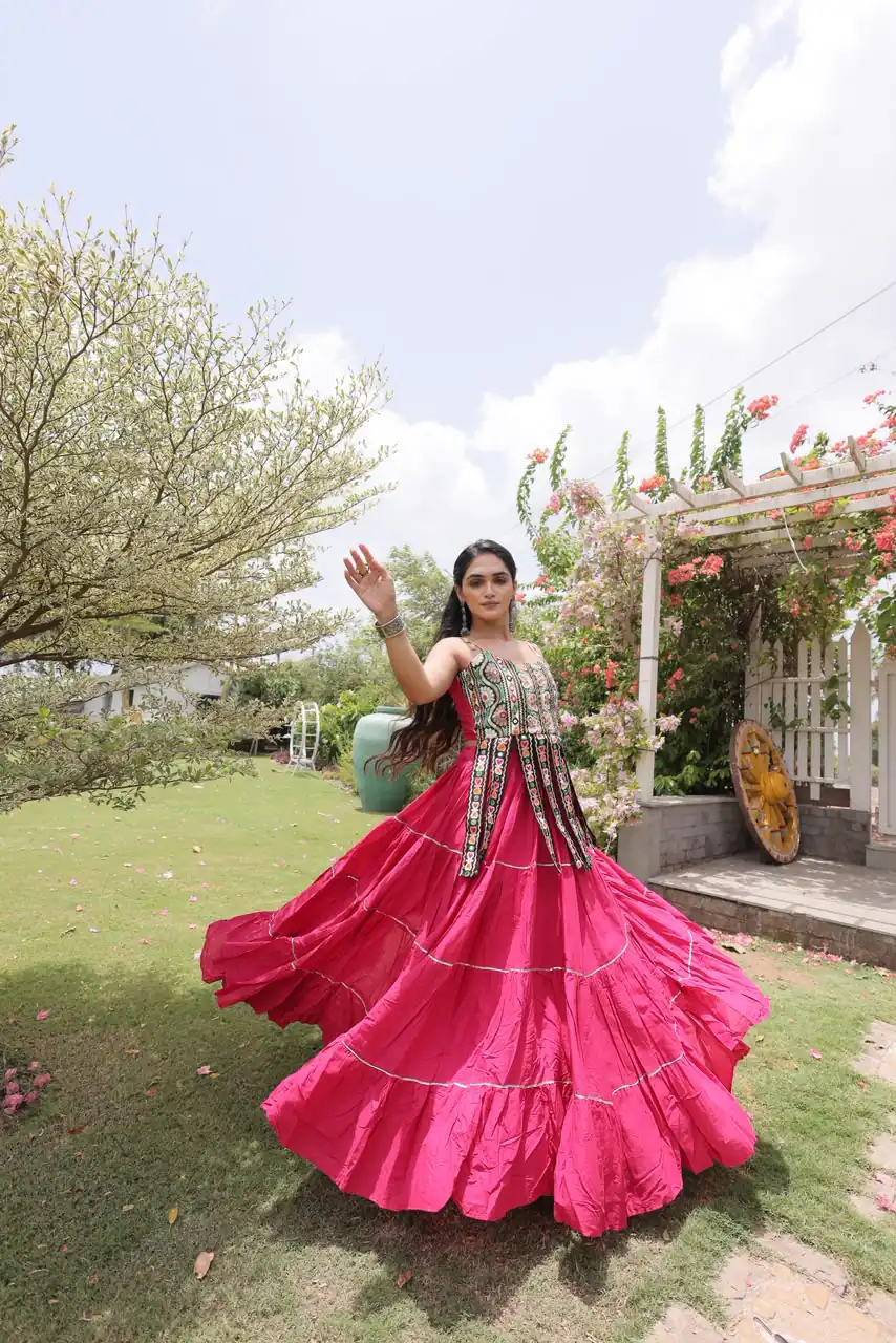 Grand Pink Kora Cotton Kutchi Patch Work Lehenga Choli - Image 2