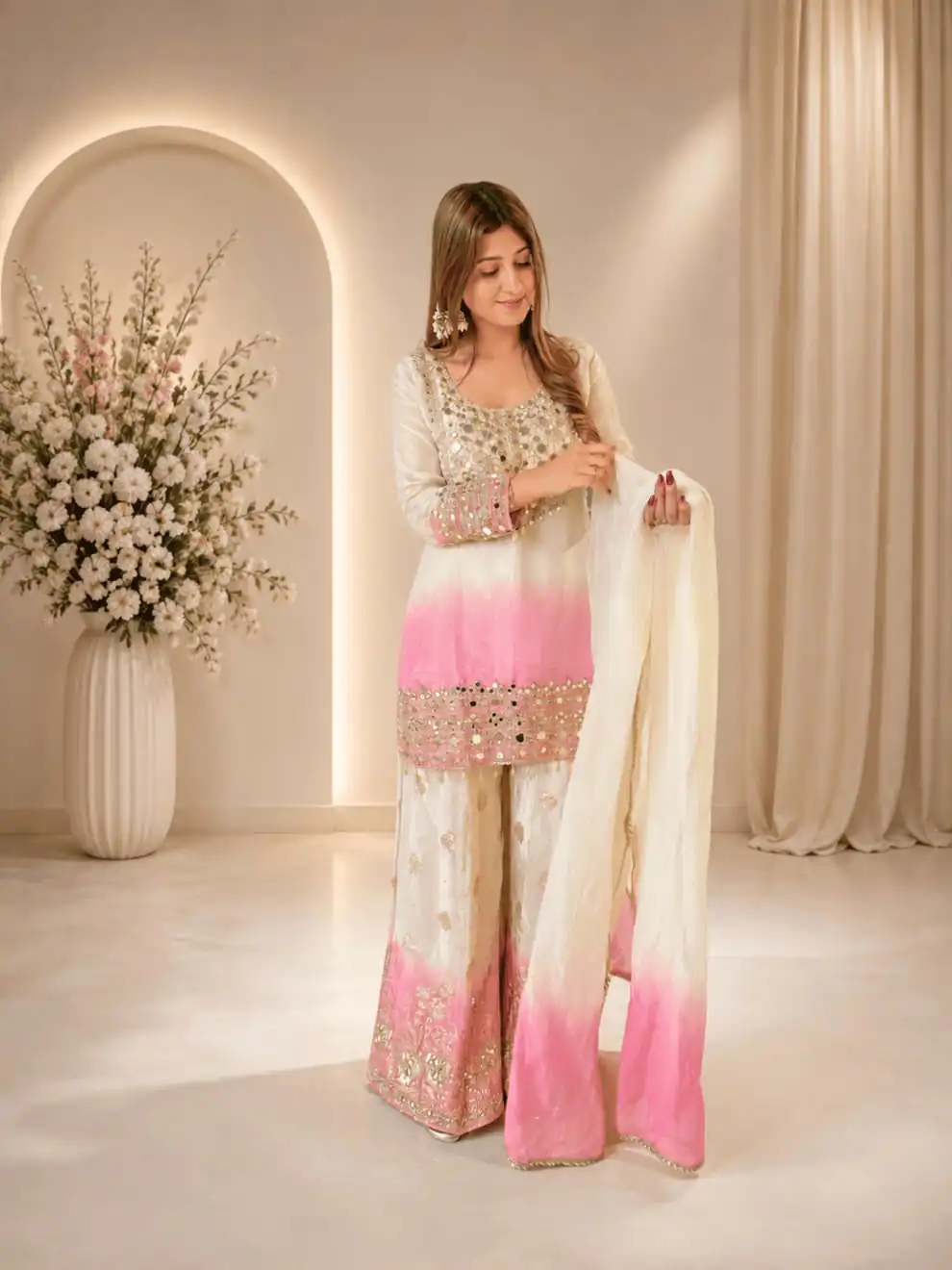 Grand Pink Star Georgette Mirror Work Salwar Suit - Image 2