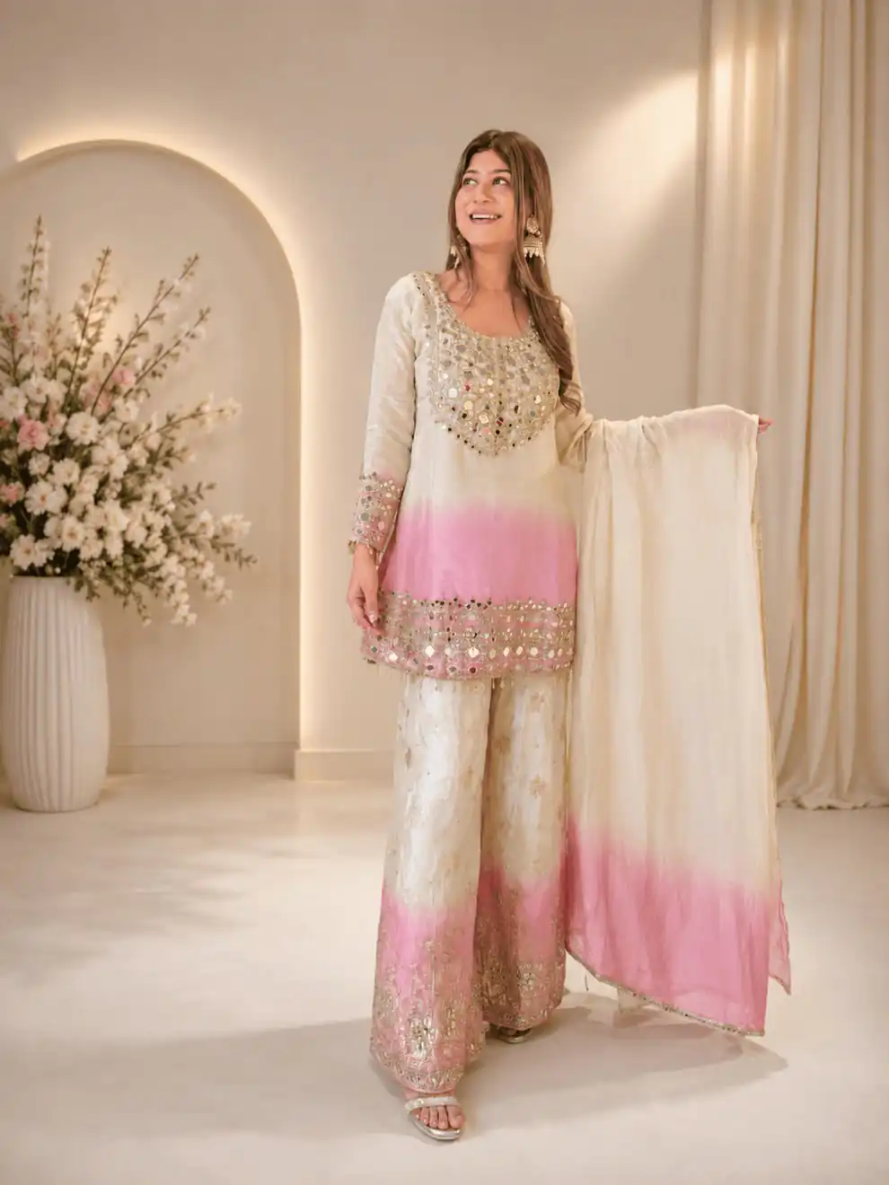 Grand Pink Star Georgette Mirror Work Salwar Suit