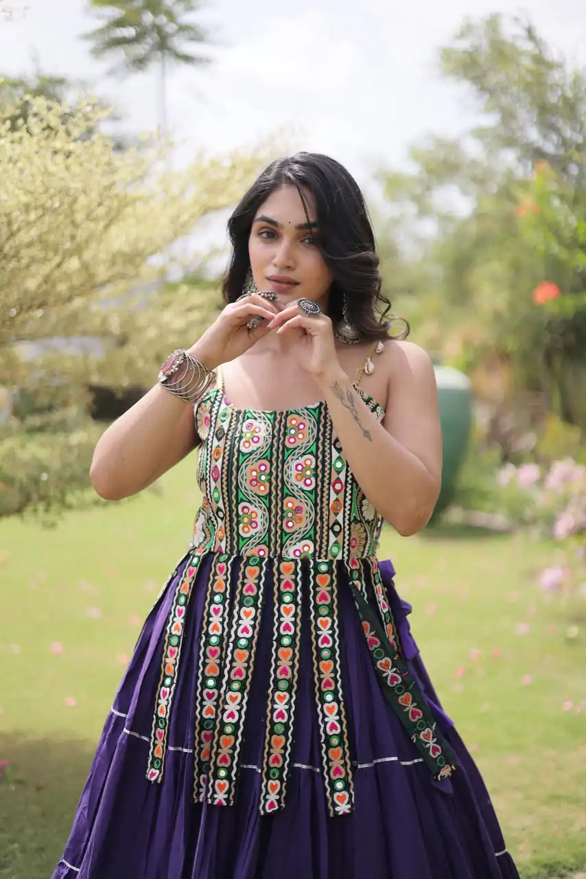 Grand Purple Kora Cotton Kutchi Patch Work Lehenga Choli - Image 2