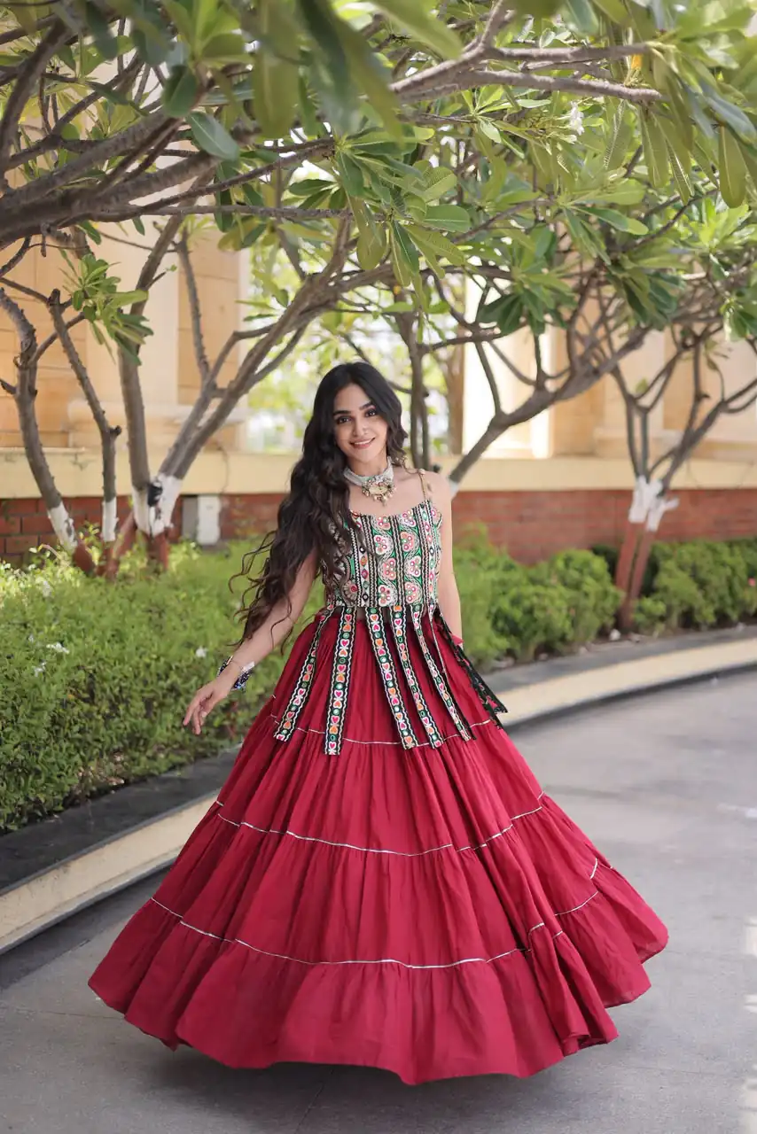 Grand Red Kora Cotton Kutchi Patch Work Lehenga Choli - Image 3