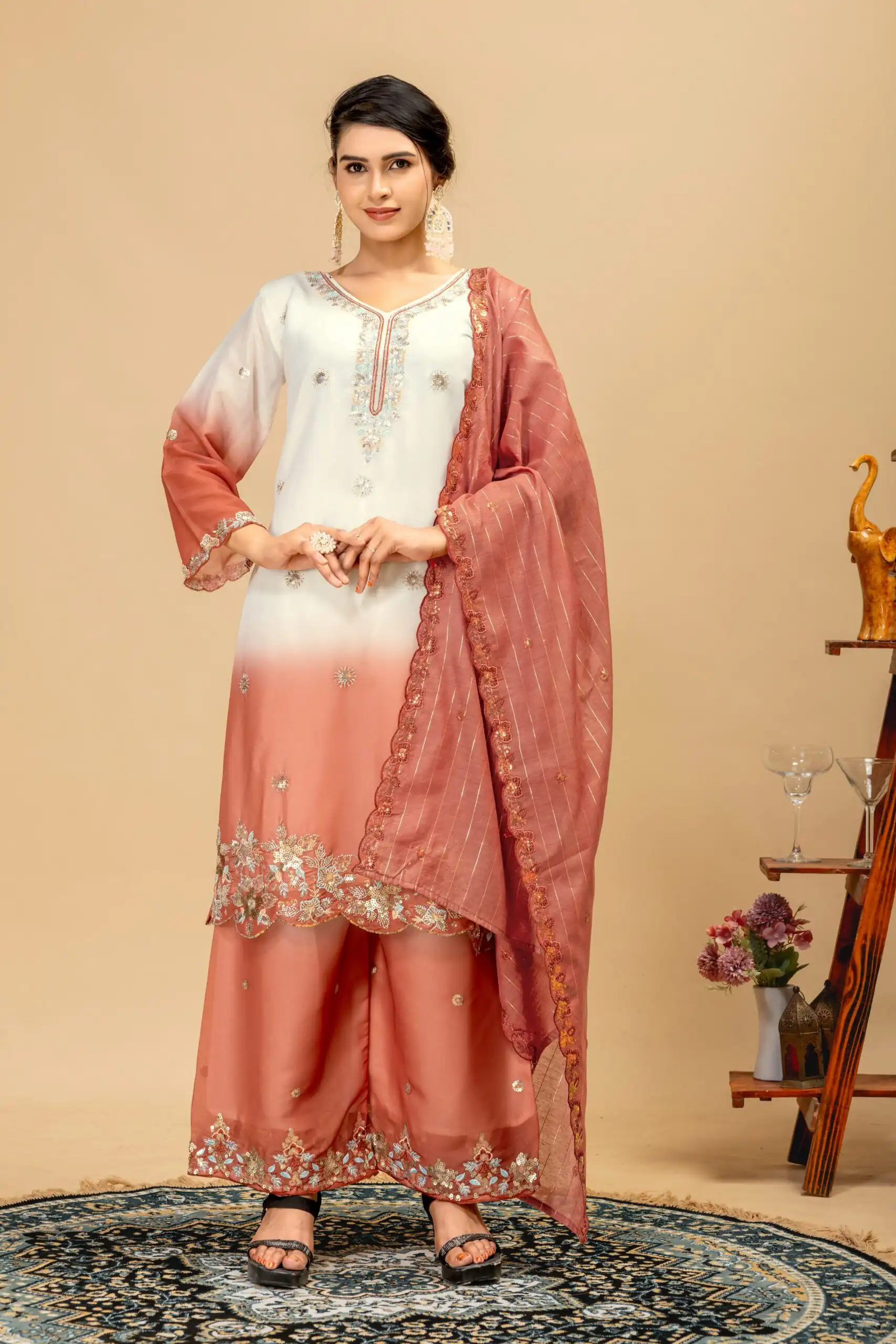 Grand Rust Star Georgette Beads Work Salwar Suit