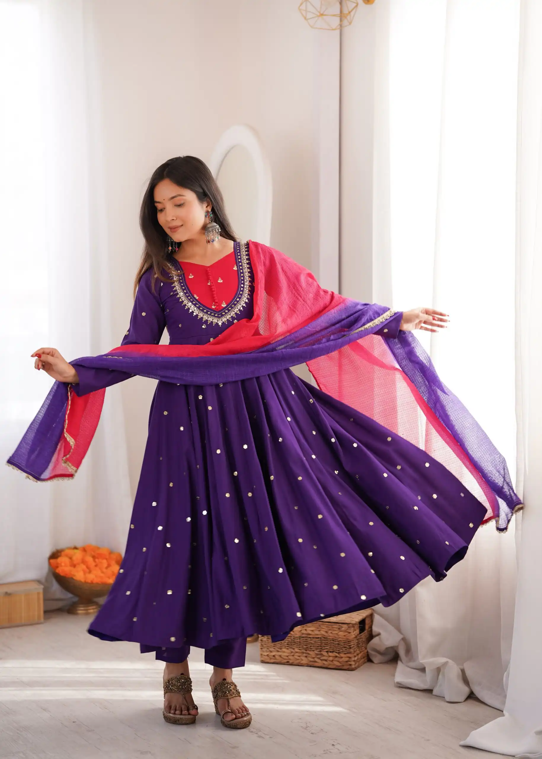 Lovely Purple Roman Silk Mirror Embroidery Work Gown - Image 5