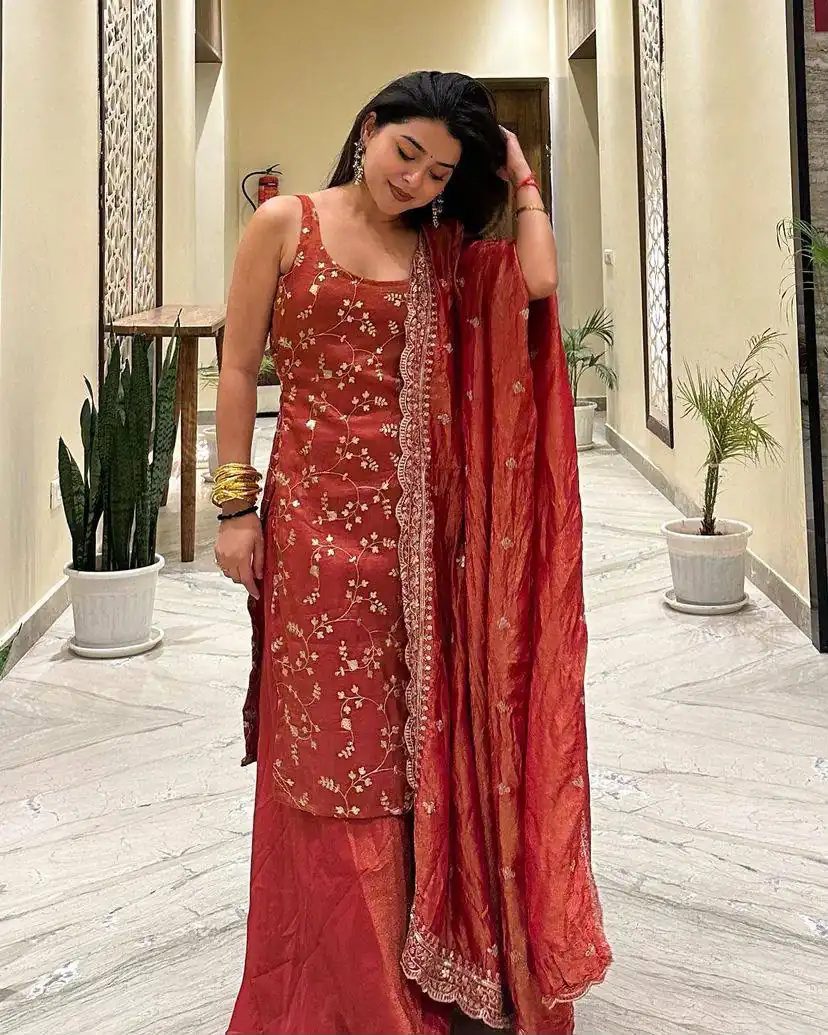 Lovely Rust Zimmy Silk Sequence Work Salwar Suit