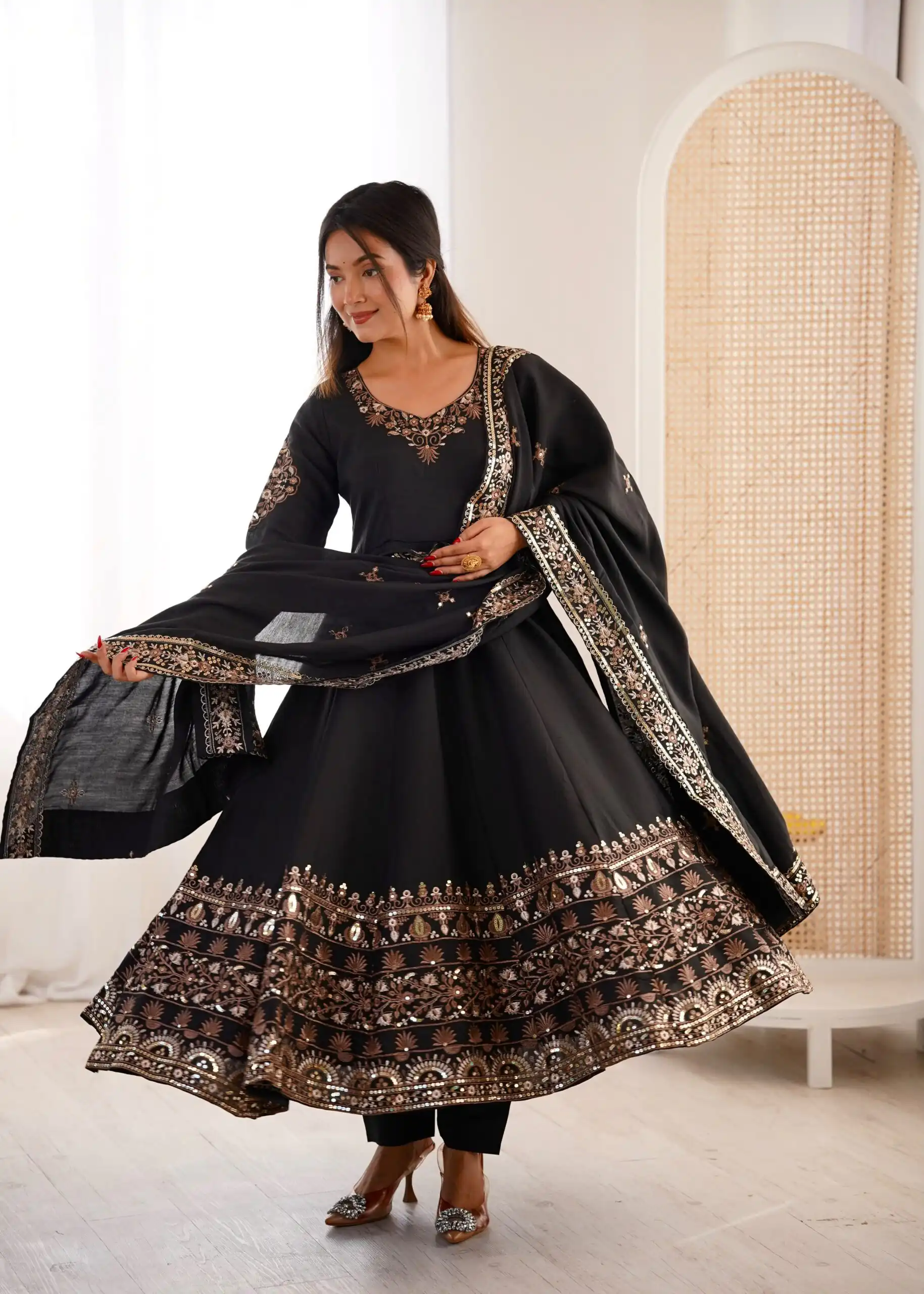 Nice Black Roman Silk Embroidery Work Gown - Image 6