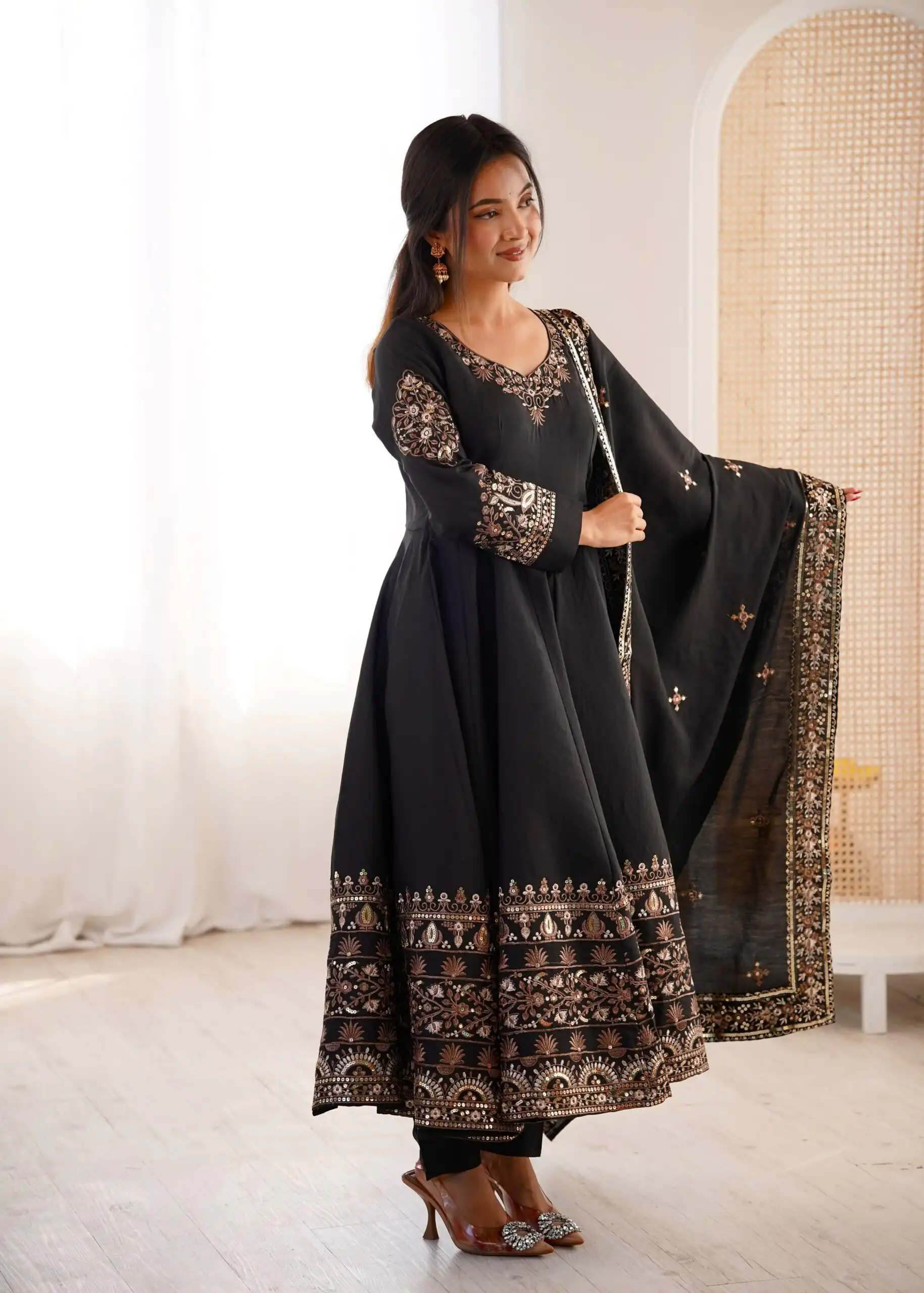 Nice Black Roman Silk Embroidery Work Gown - Image 4
