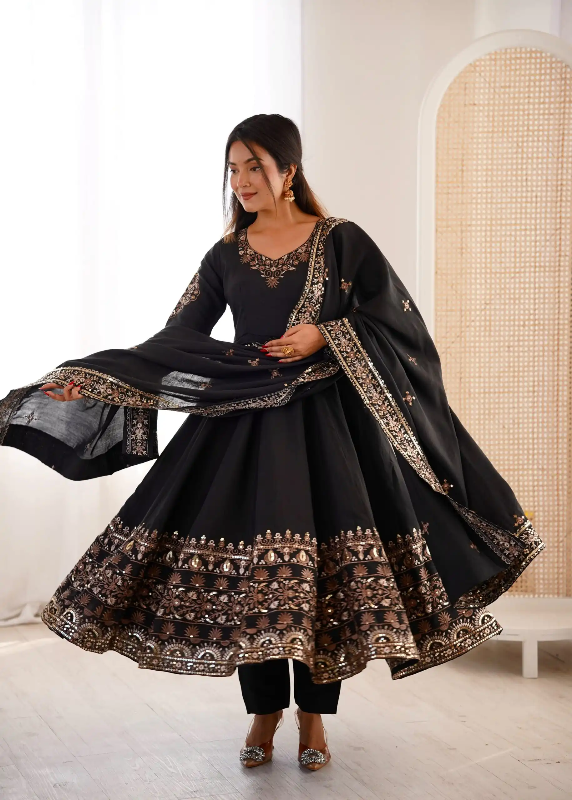 Nice Black Roman Silk Embroidery Work Gown - Image 3