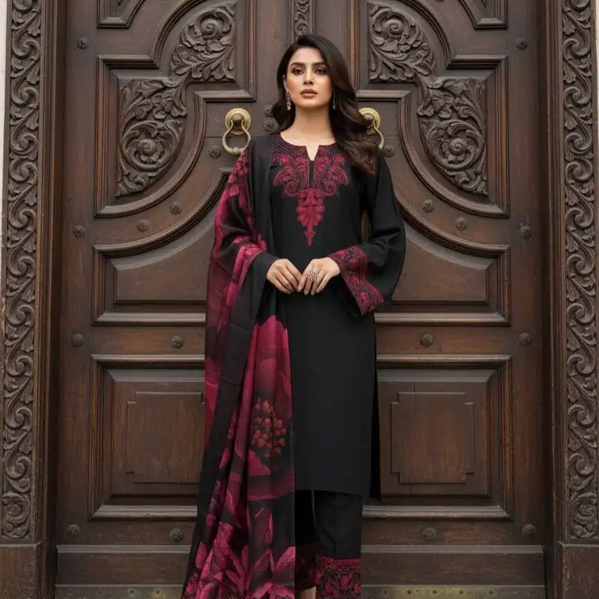 Nice Black Roman Silk Embroidery Work Salwar Suit