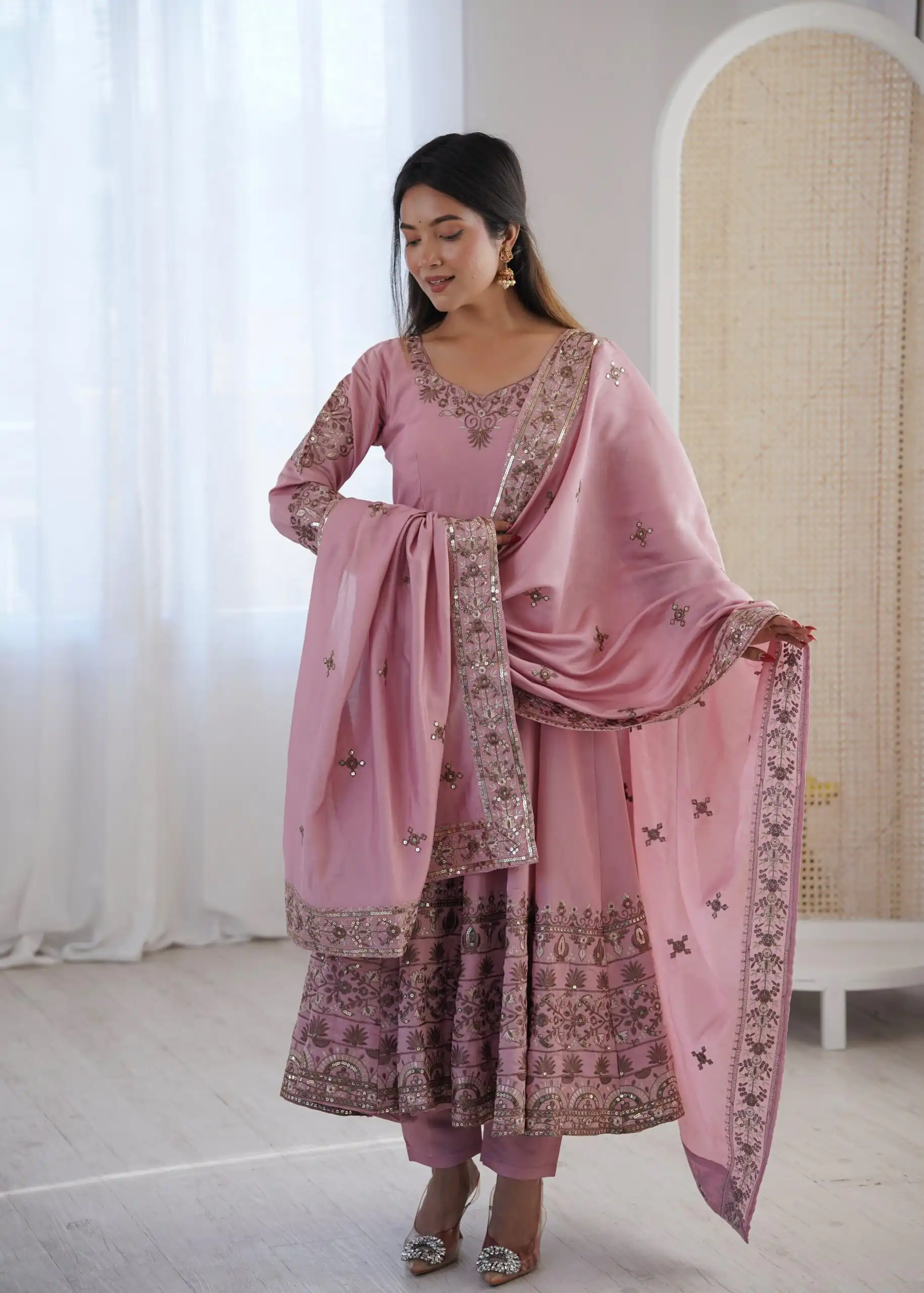 Nice Dusty Pink Roman Silk Embroidery Work Gown - Image 3