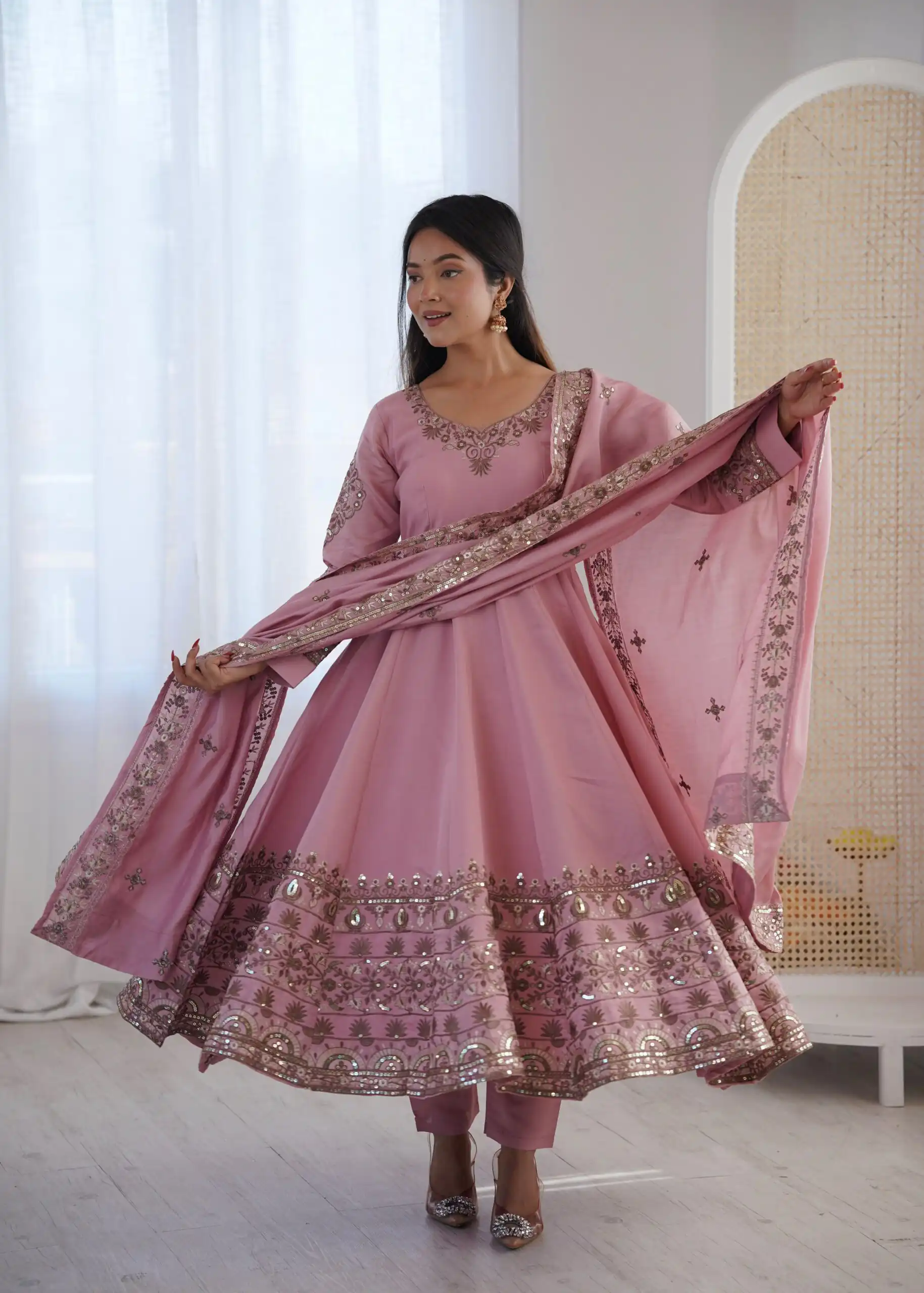 Nice Dusty Pink Roman Silk Embroidery Work Gown