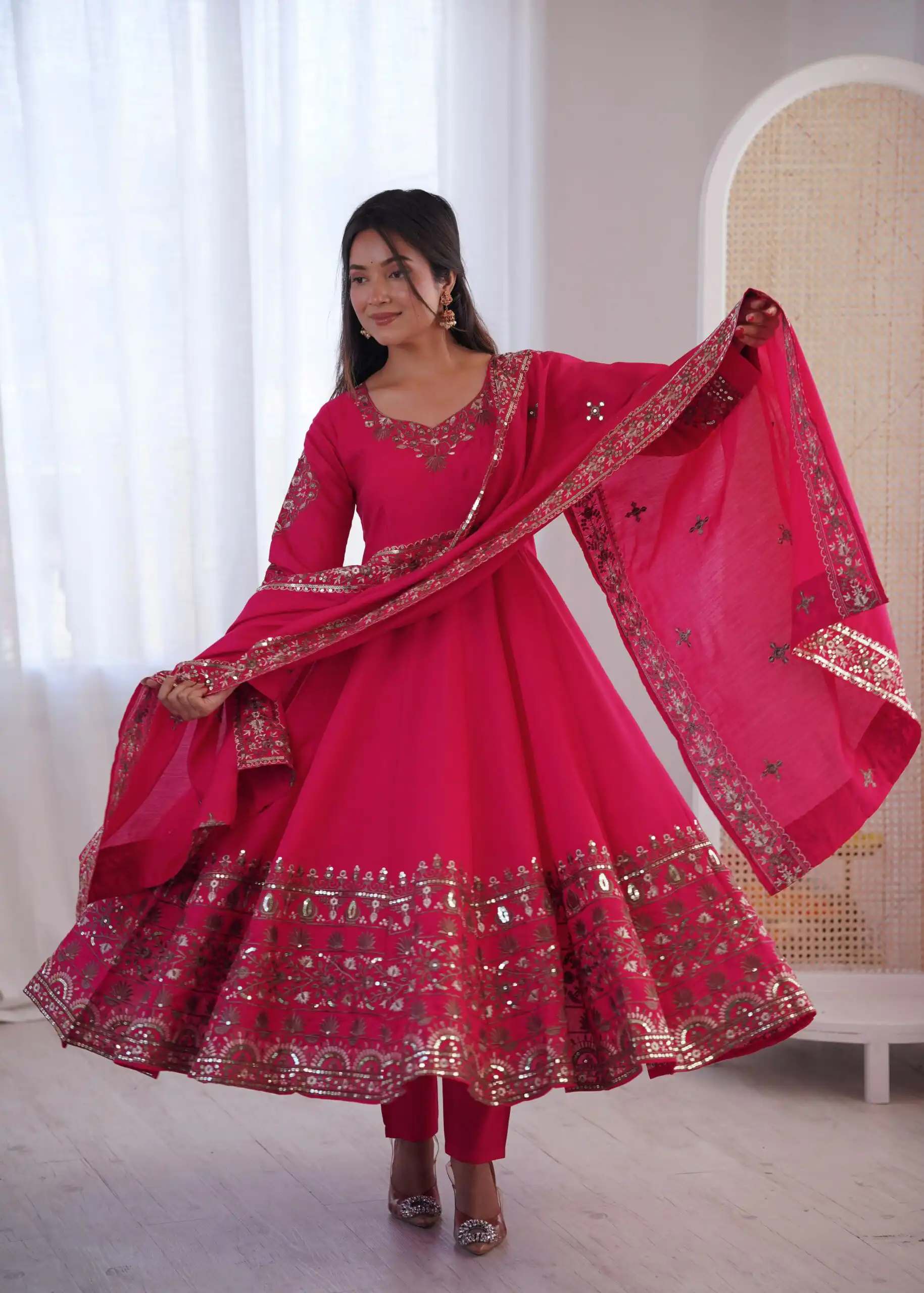 Nice Pink Roman Silk Embroidery Work Gown - Image 5