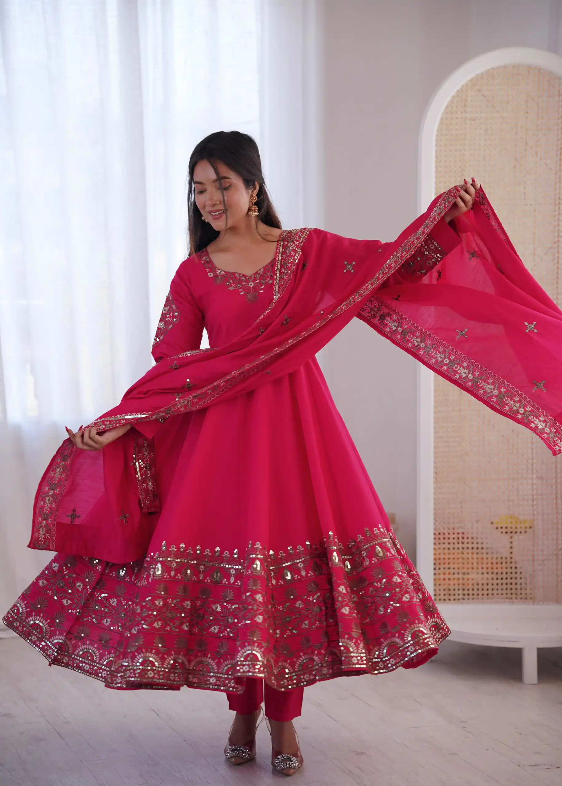 Nice Pink Roman Silk Embroidery Work Gown - Image 3