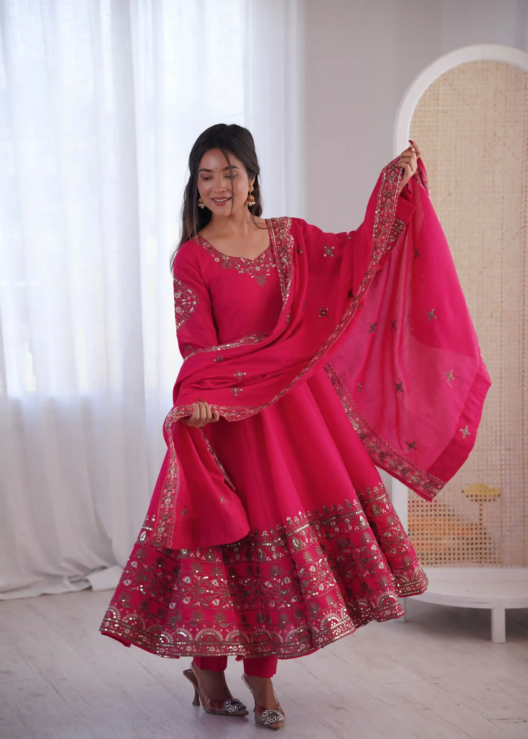 Nice Pink Roman Silk Embroidery Work Gown - Image 2