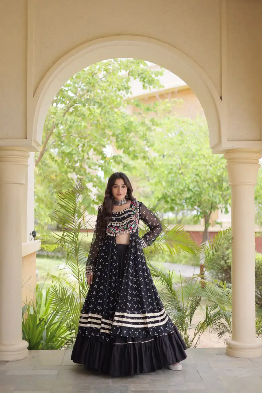 Perfect Black Faux Georgette Patchwork Work Lehenga Choli - Image 2