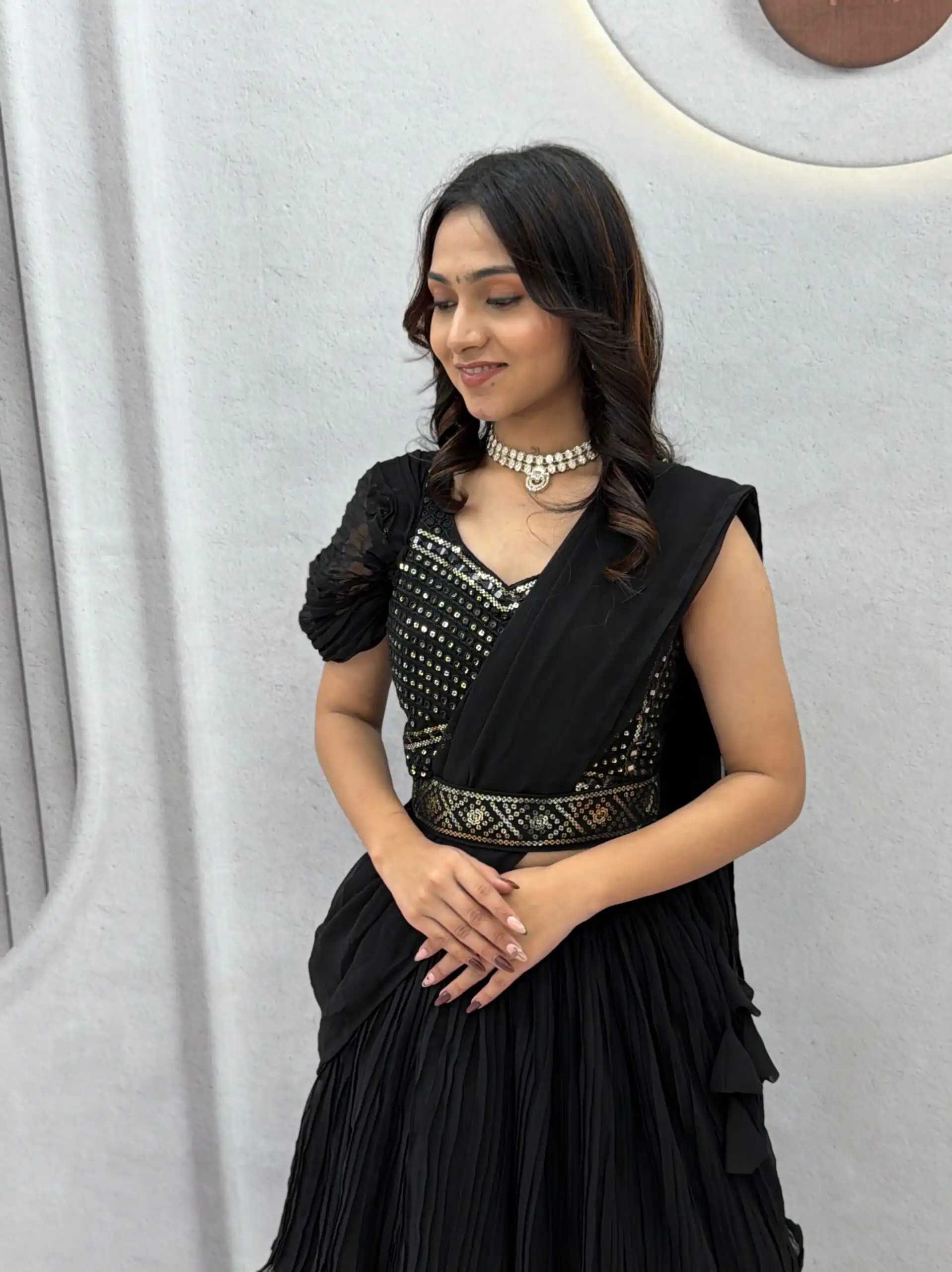 Perfect Black Faux Georgette Thread Work Lehenga Choli - Image 2