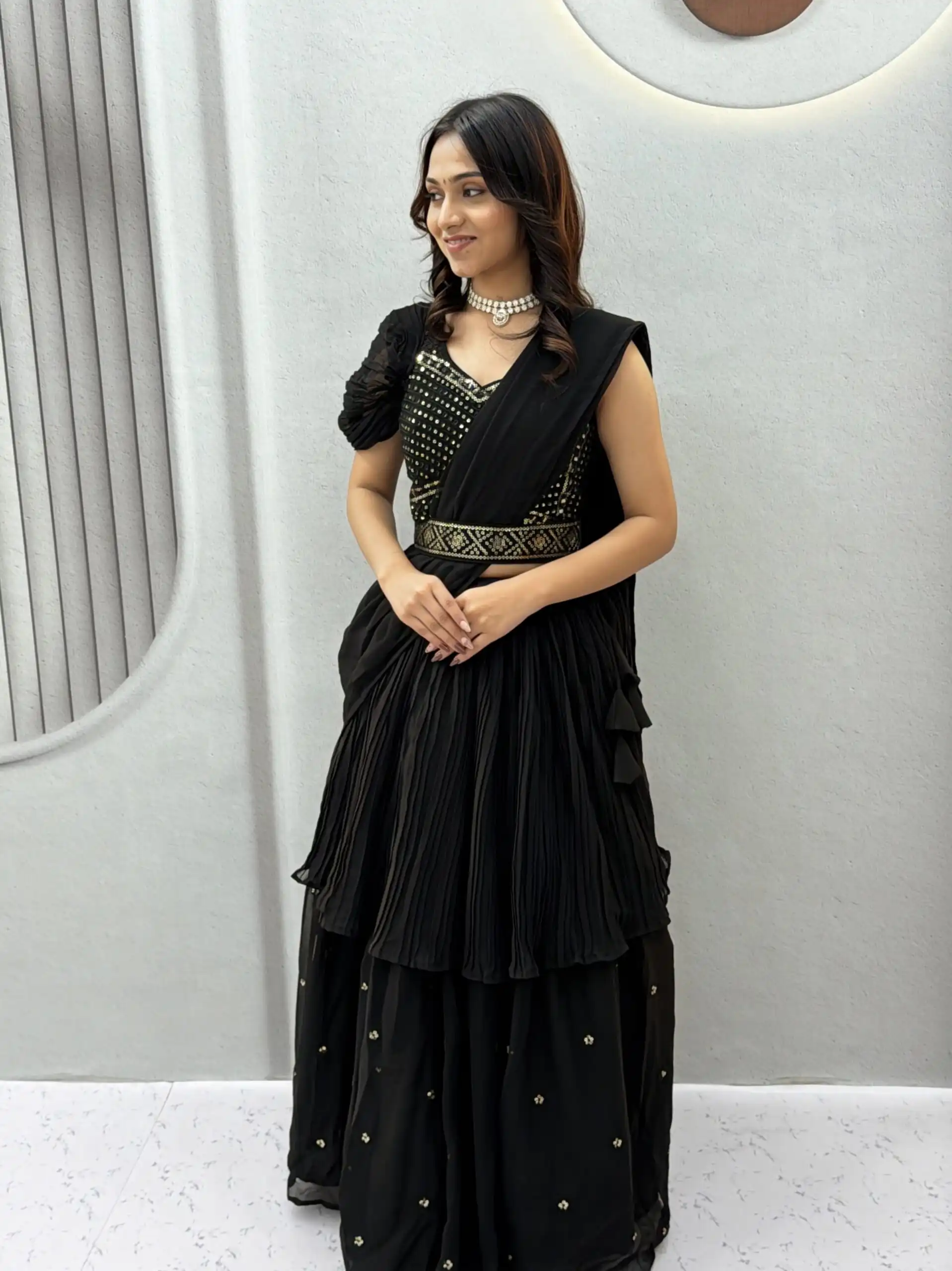 Perfect Black Faux Georgette Thread Work Lehenga Choli - Image 3