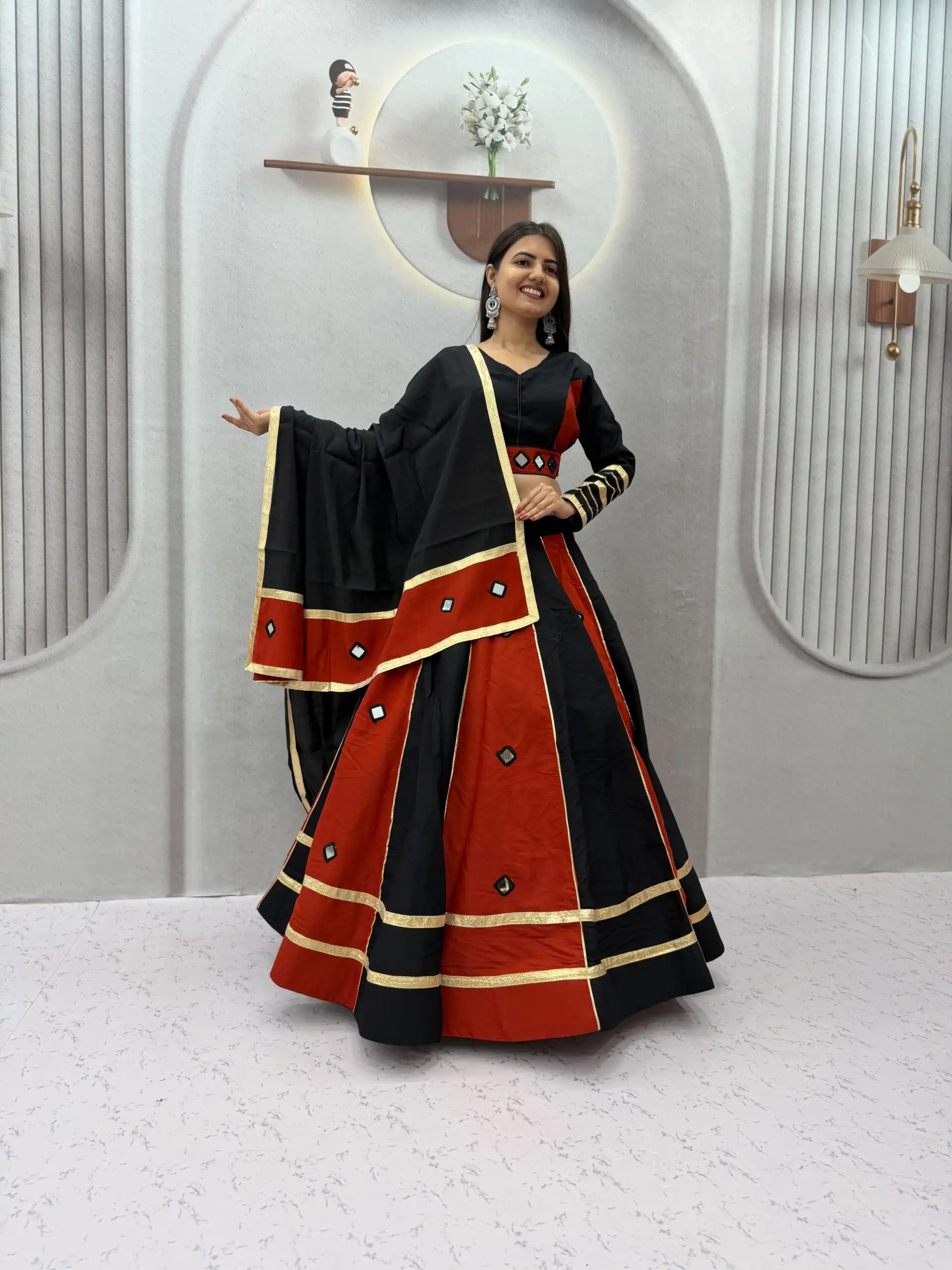 Perfect Black Roman Silk Mirror Work Lehenga Choli - Image 2