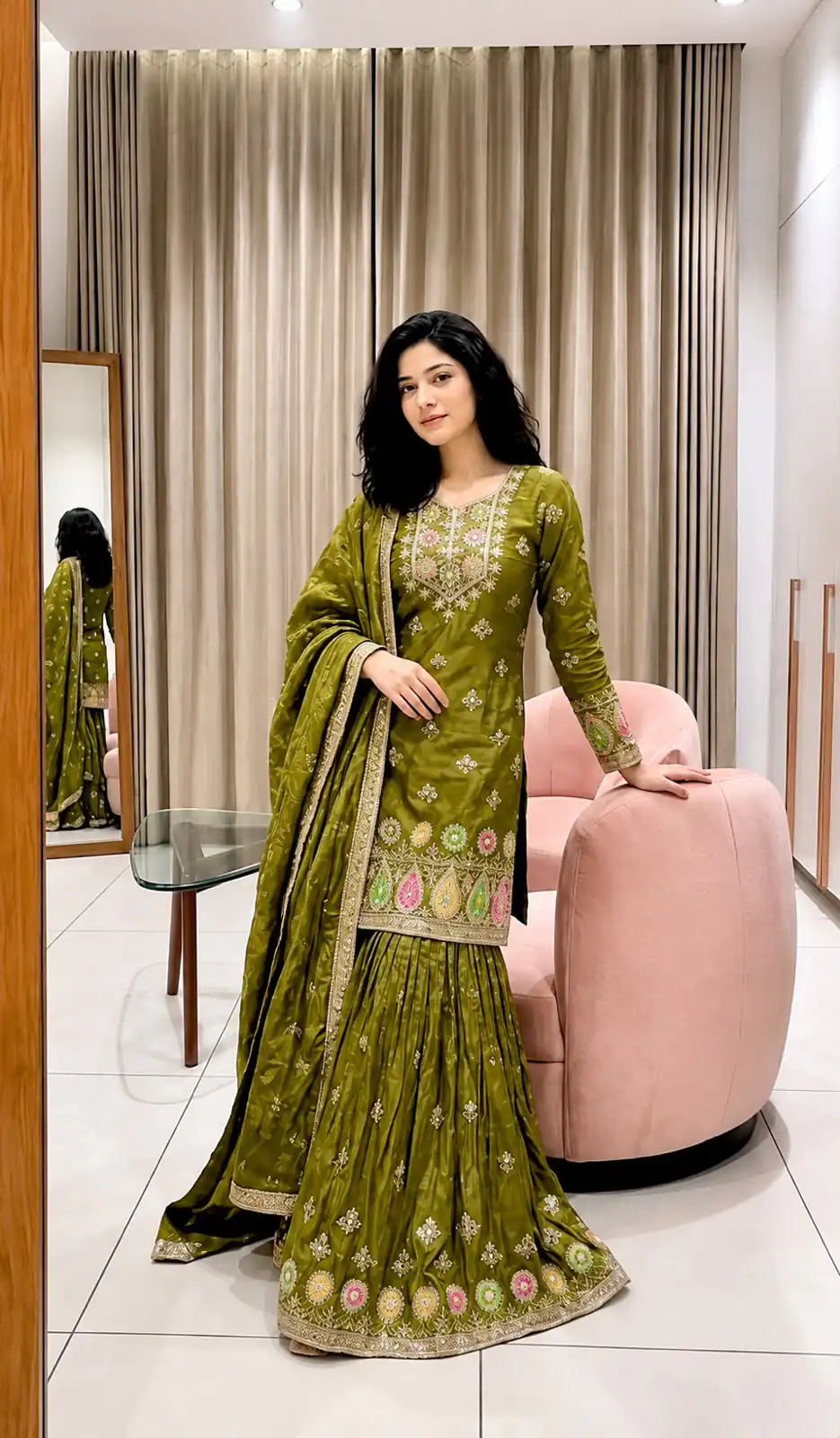 Perfect Mehandi Fendy Silk Sequins Work Salwar Suit - Image 2