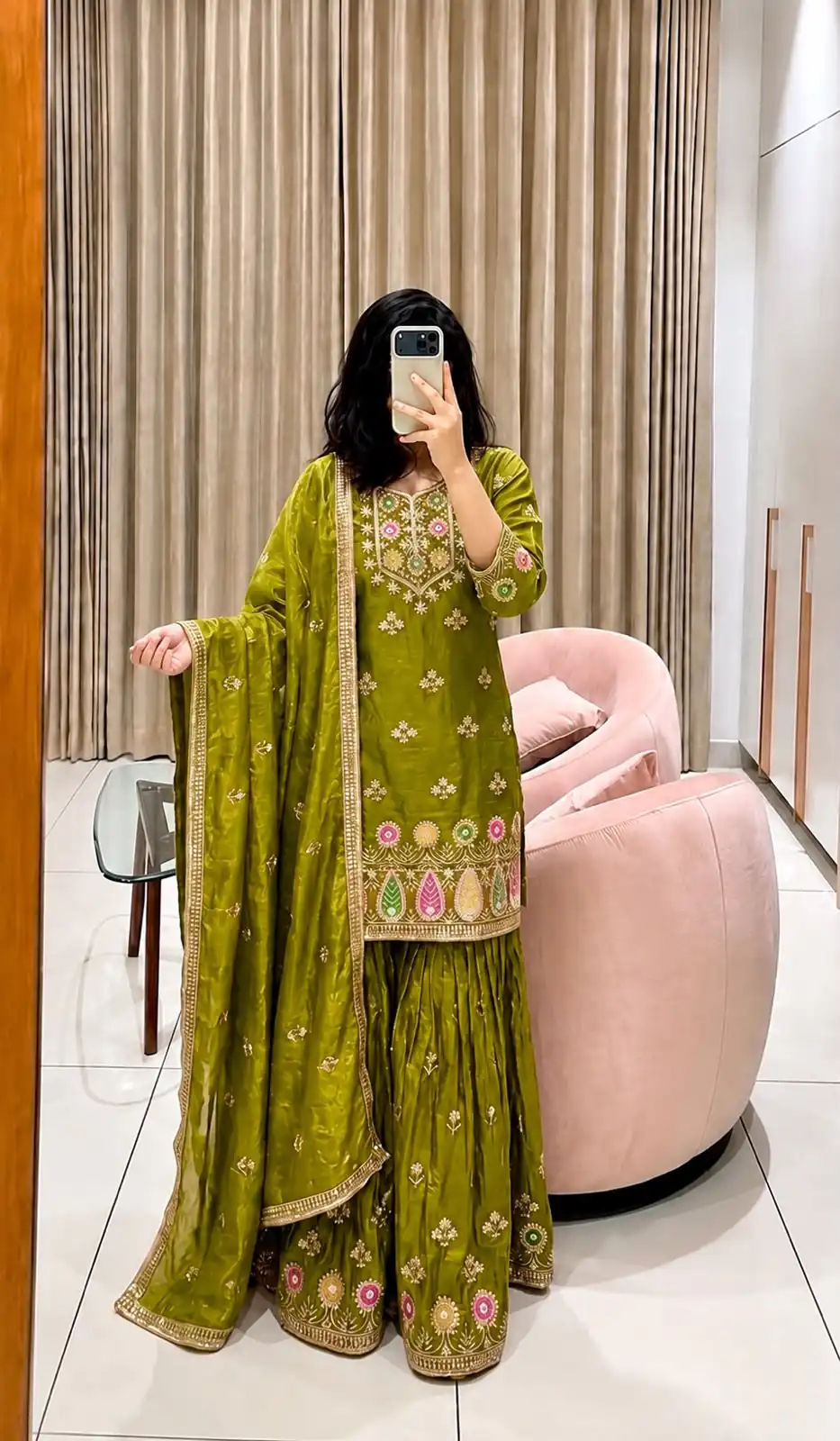 Perfect Mehandi Fendy Silk Sequins Work Salwar Suit