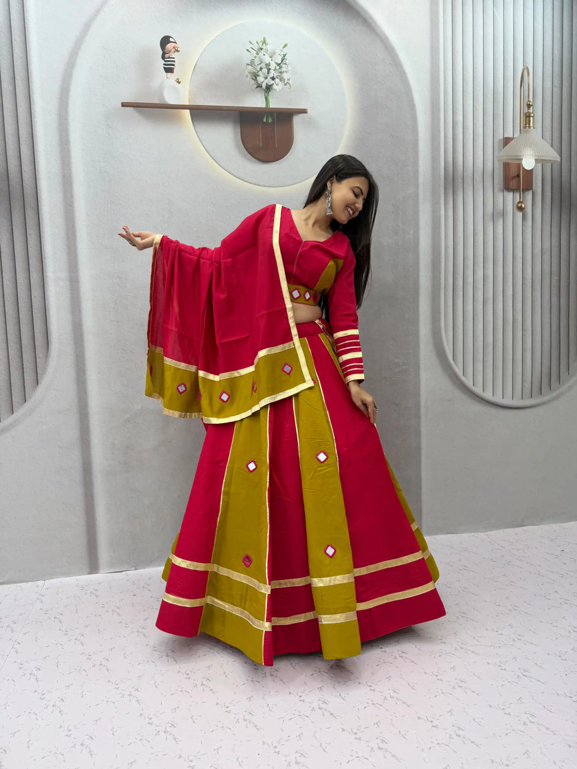 Perfect Mustered Roman Silk Mirror Work Lehenga Choli - Image 3