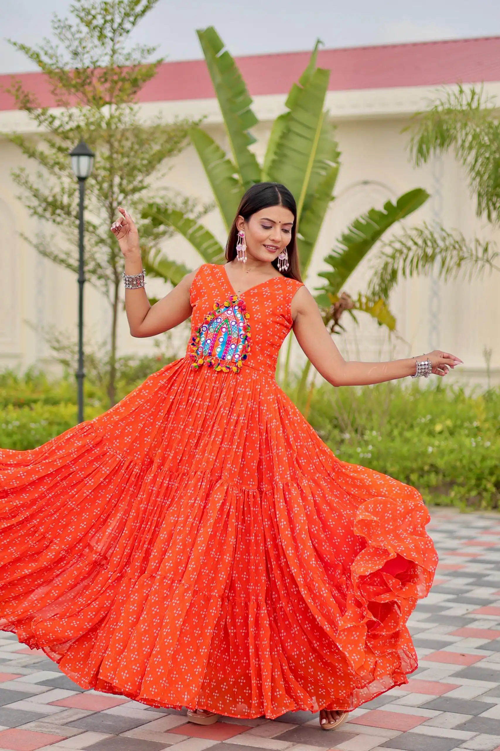 Perfect Orange Faux Georgette Thread Work Gown - Image 3