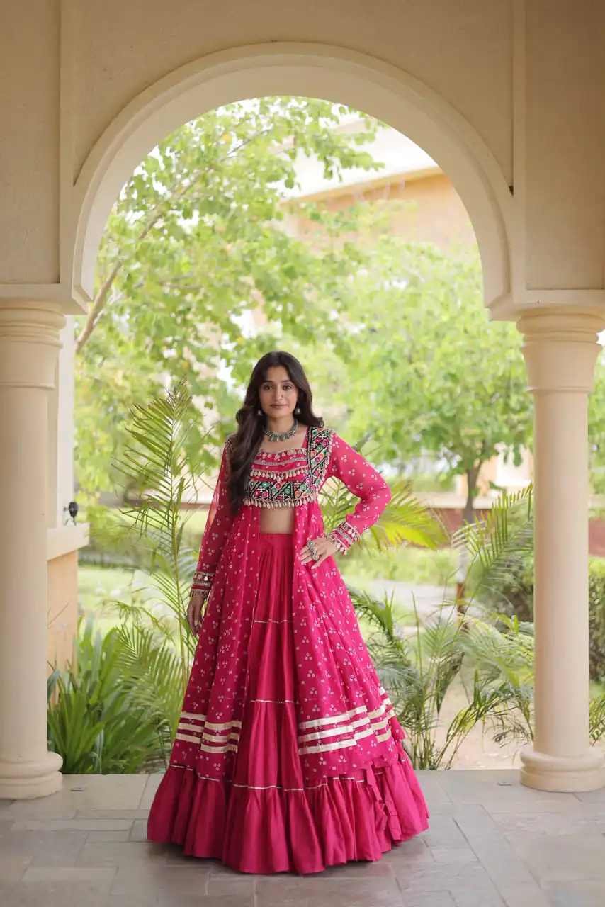 Perfect Pink Faux Georgette Patchwork Work Lehenga Choli - Image 4