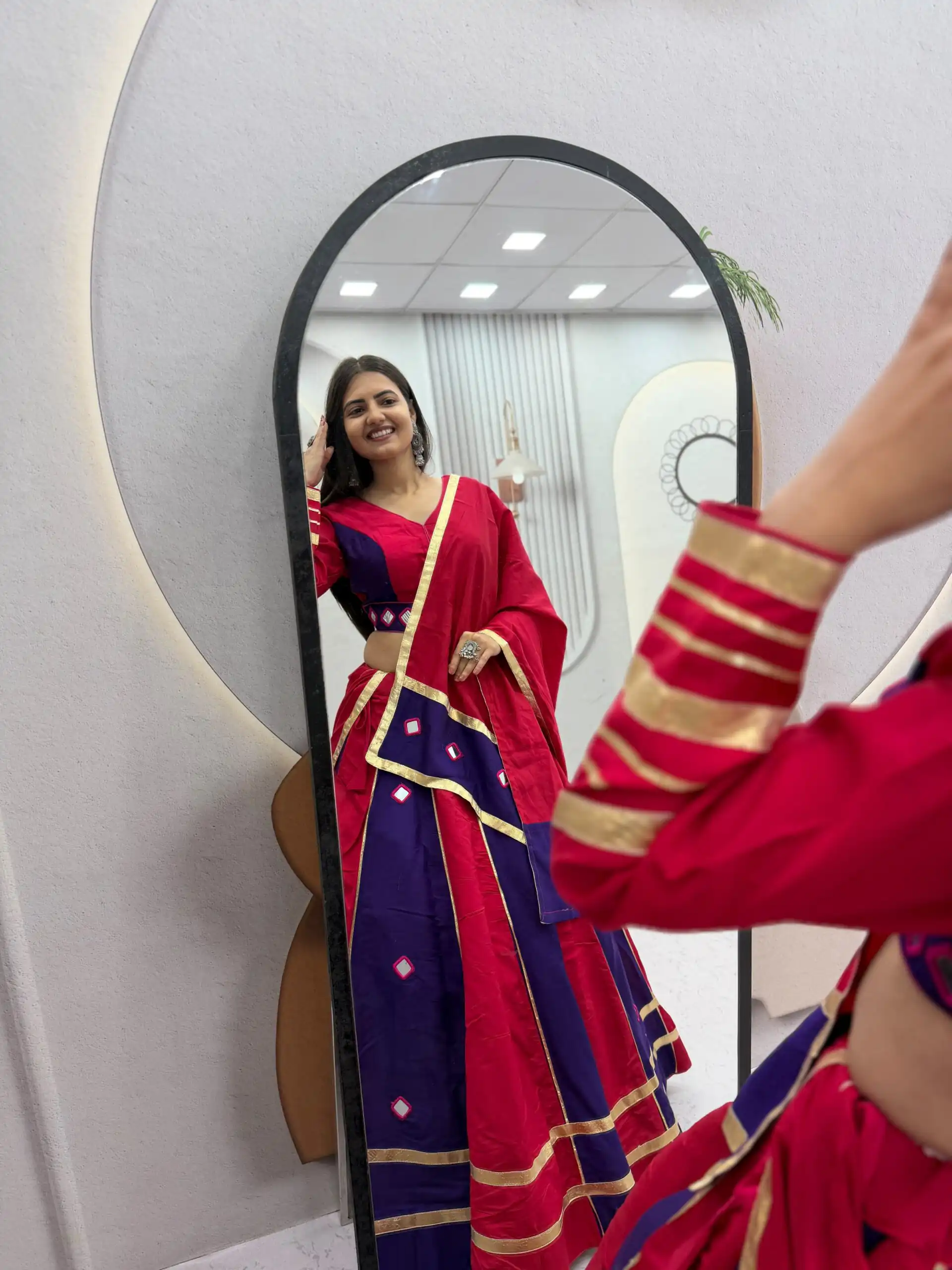 Perfect Red Roman Silk Mirror Work Lehenga Choli - Image 7