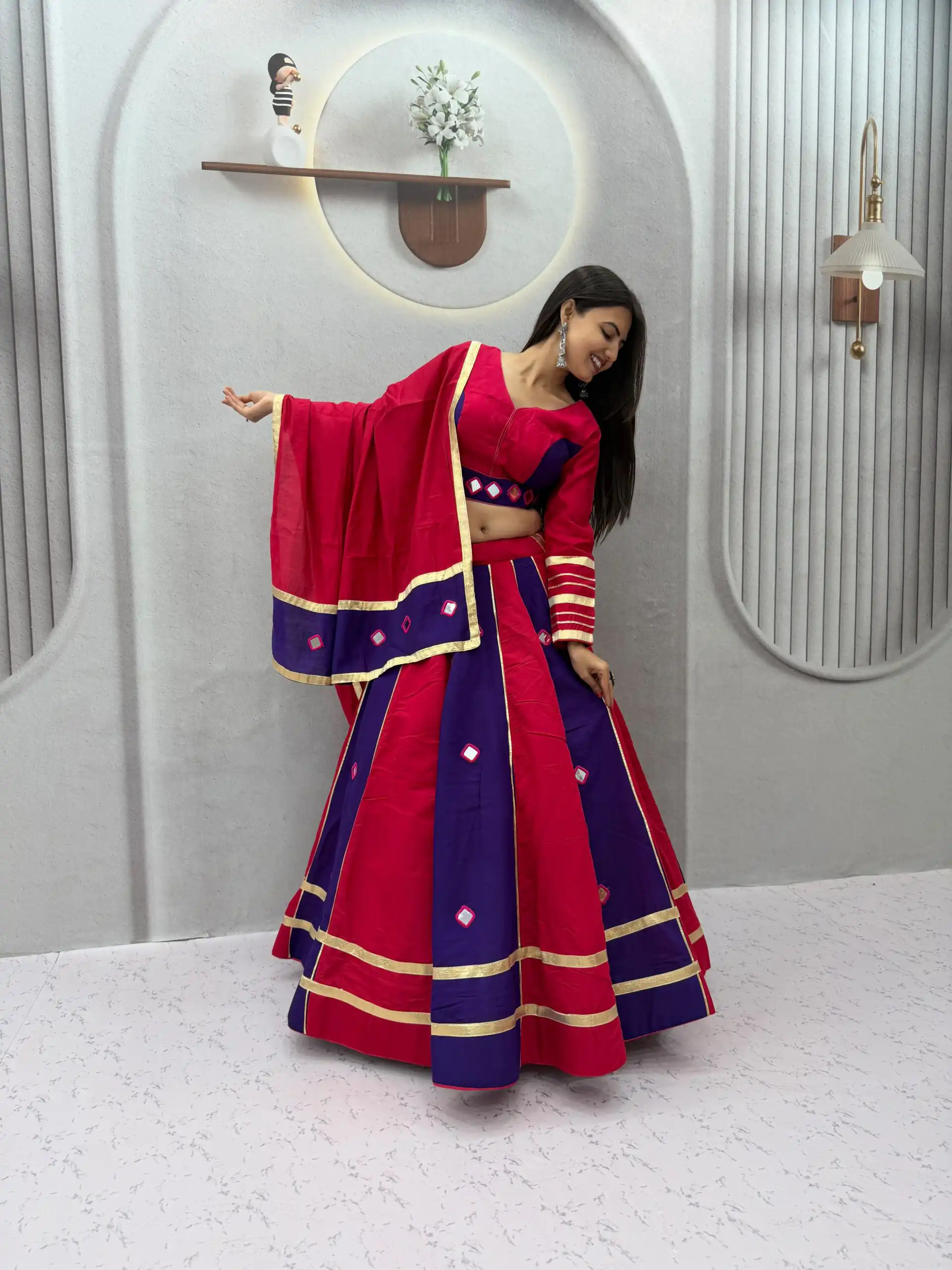 Perfect Red Roman Silk Mirror Work Lehenga Choli - Image 4