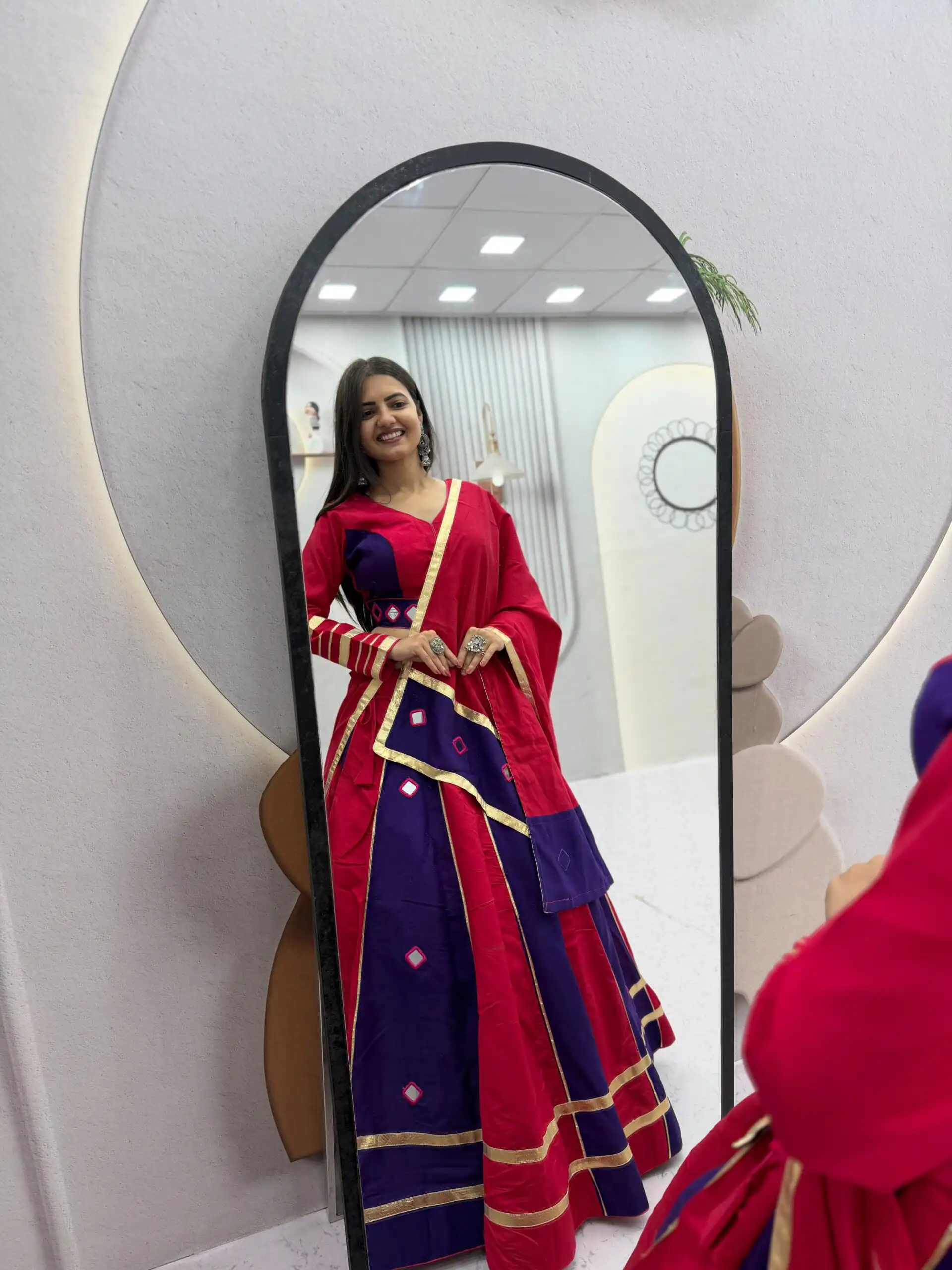 Perfect Red Roman Silk Mirror Work Lehenga Choli - Image 8