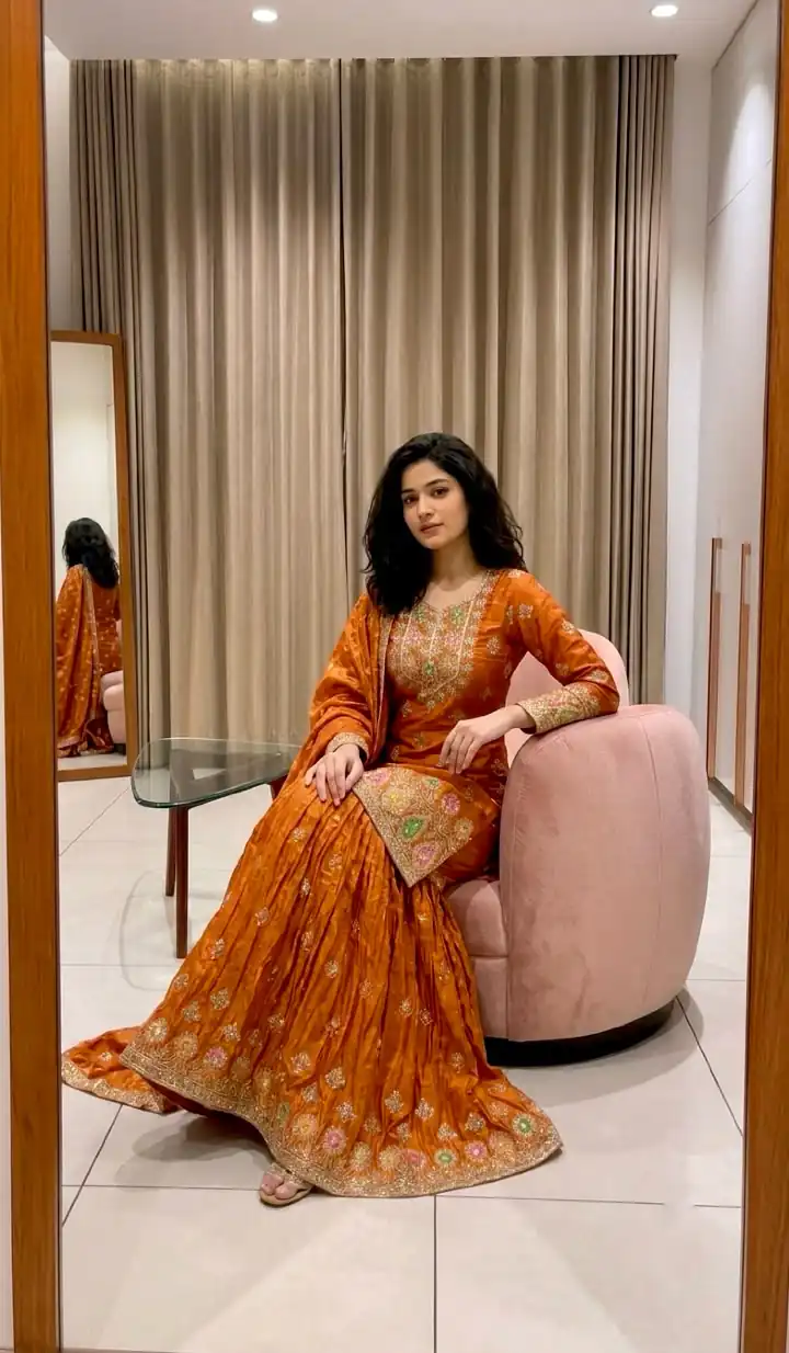 Perfect Rust Fendy Silk Sequins Work Salwar Suit - Image 4