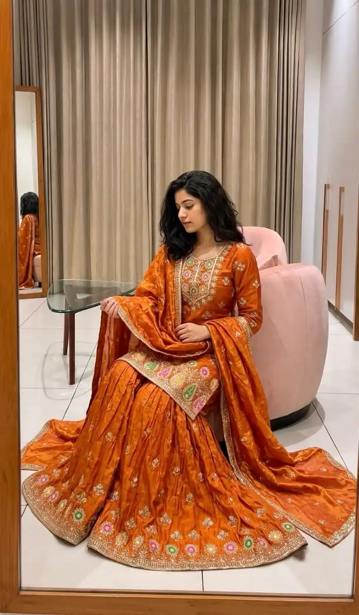 Perfect Rust Fendy Silk Sequins Work Salwar Suit - Image 3
