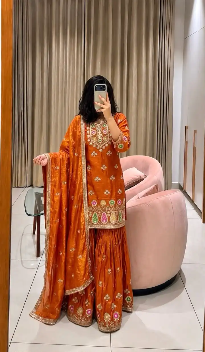 Perfect Rust Fendy Silk Sequins Work Salwar Suit