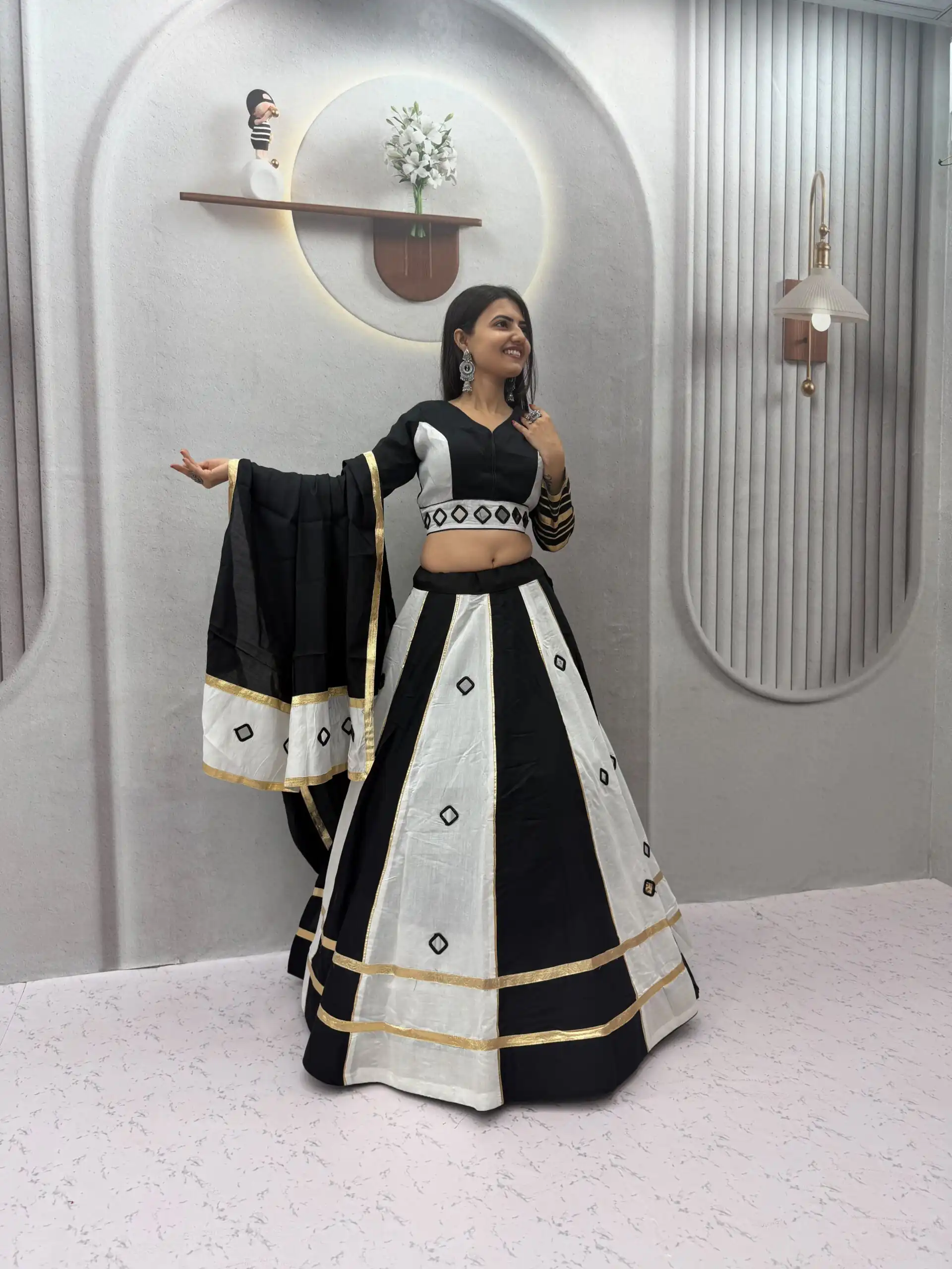 Perfect White Roman Silk Mirror Work Lehenga Choli - Image 3