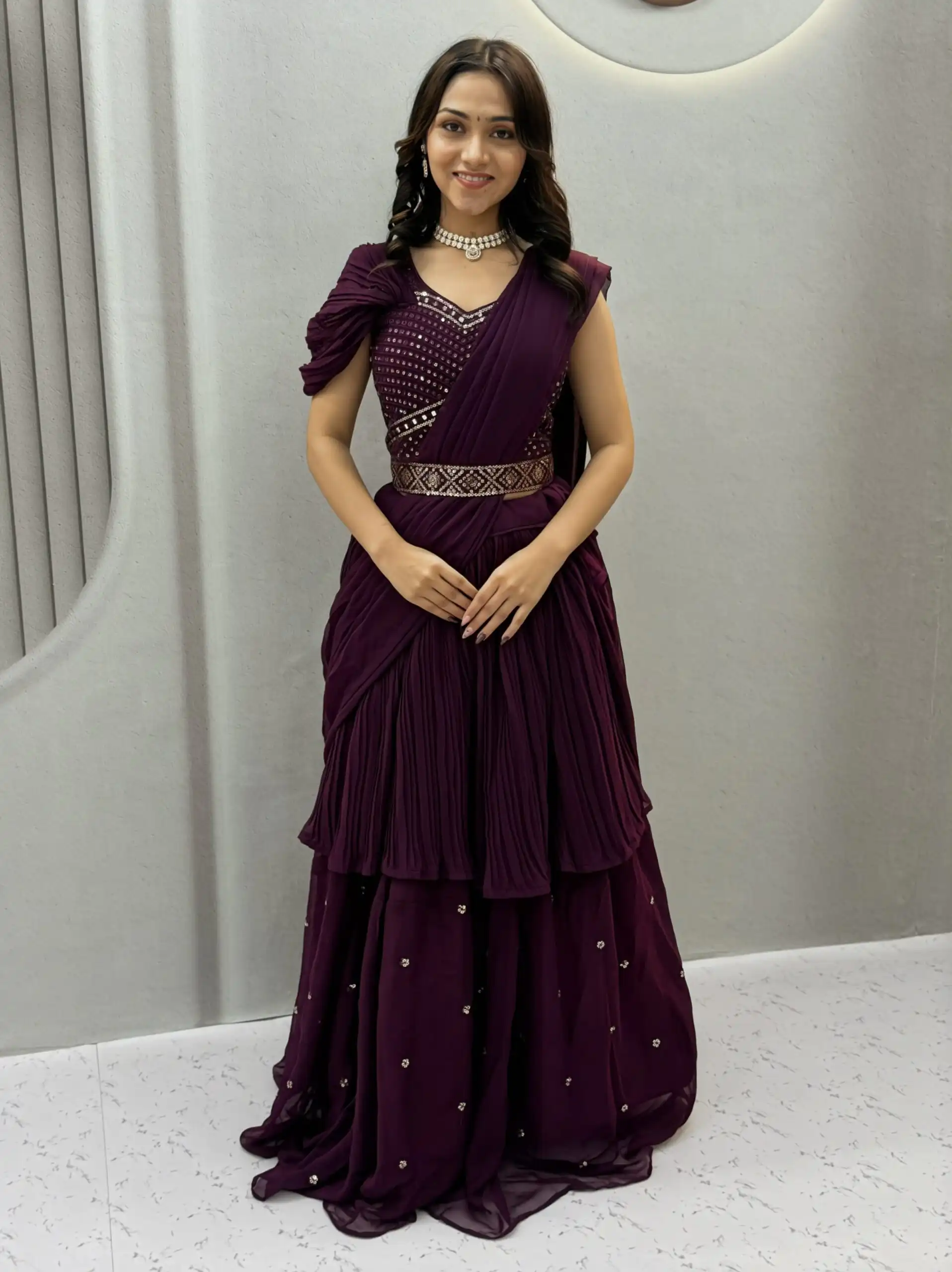 Perfect Wine Faux Georgette Thread Work Lehenga Choli - Image 3