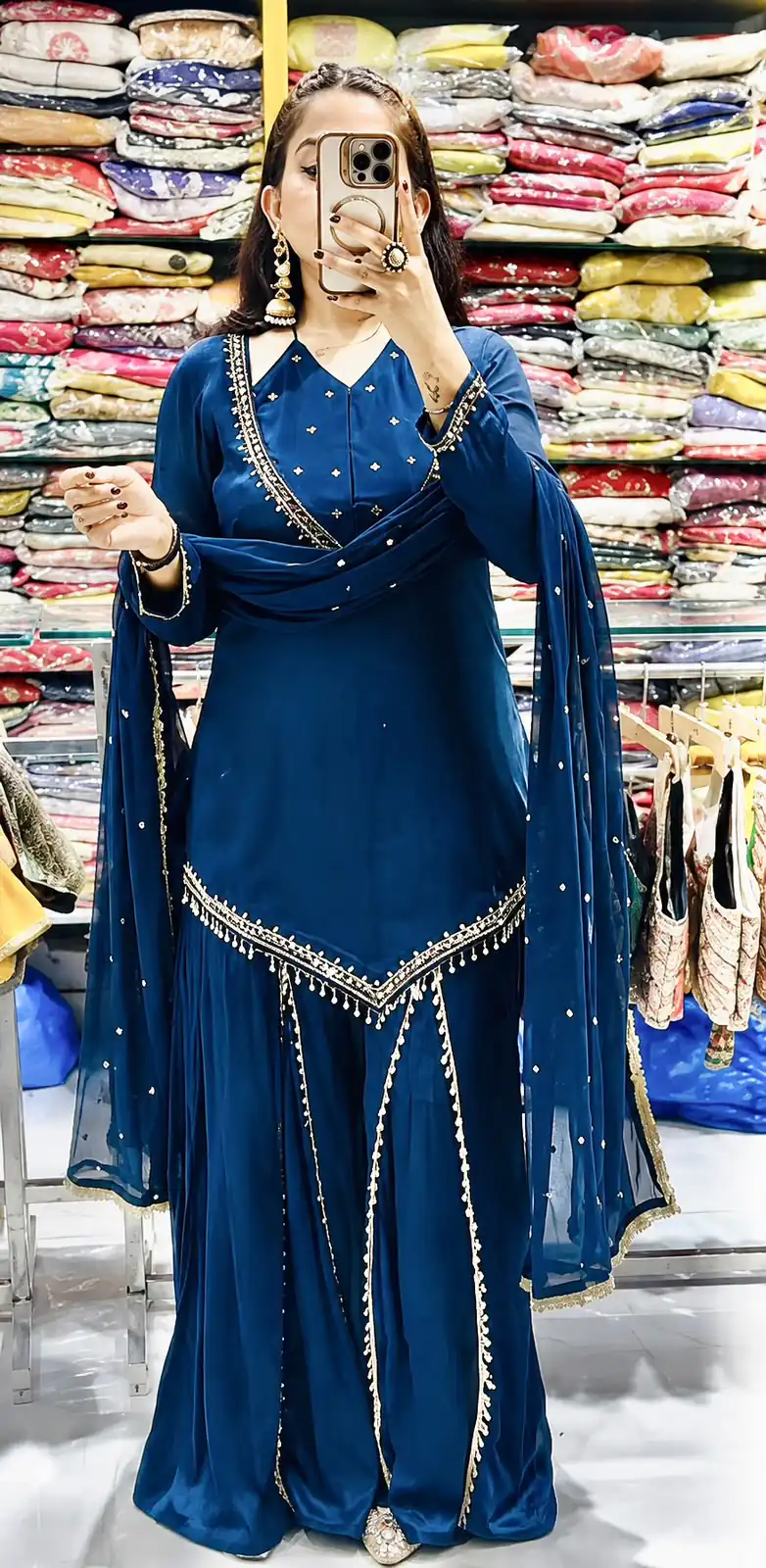 Pretty Blue Roman Glass Mirror Work Salwar Suit - Image 5