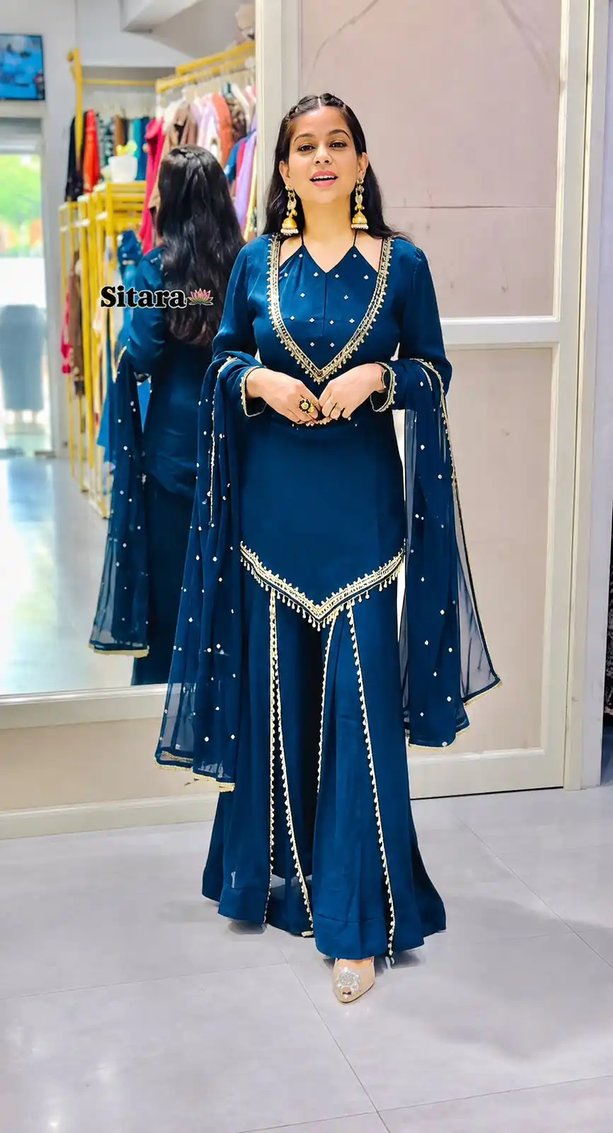 Pretty Blue Roman Glass Mirror Work Salwar Suit - Image 3