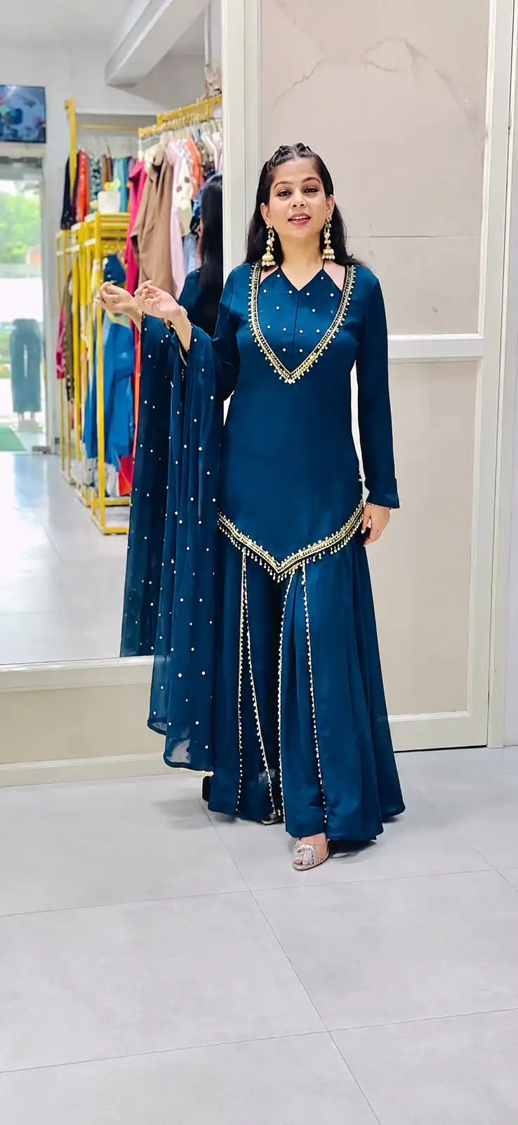 Pretty Blue Roman Glass Mirror Work Salwar Suit