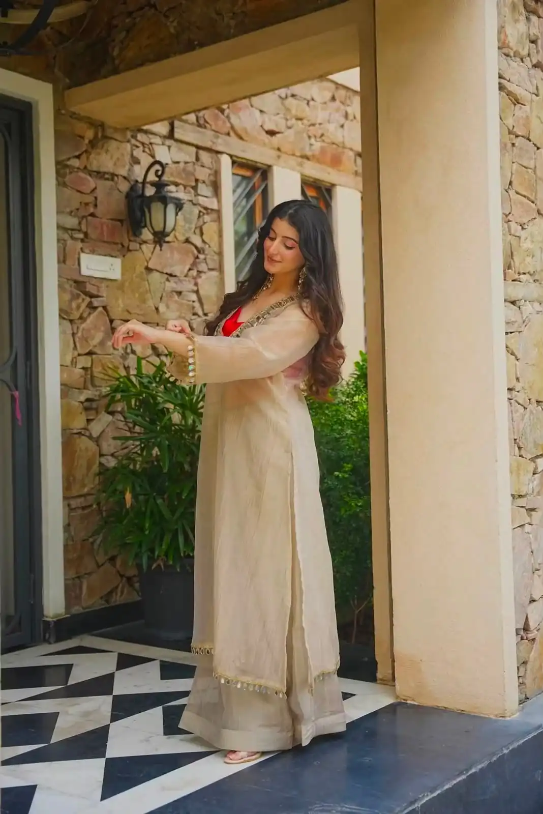 Pretty Chiku Salsa Silk Mirror Work Salwar Suit - Image 4