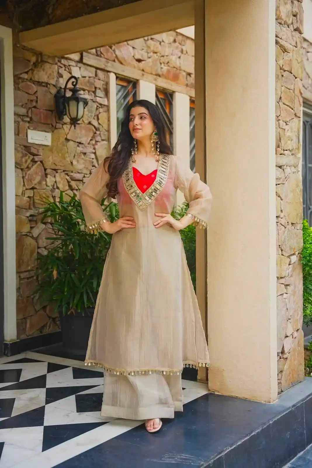 Pretty Chiku Salsa Silk Mirror Work Salwar Suit - Image 2