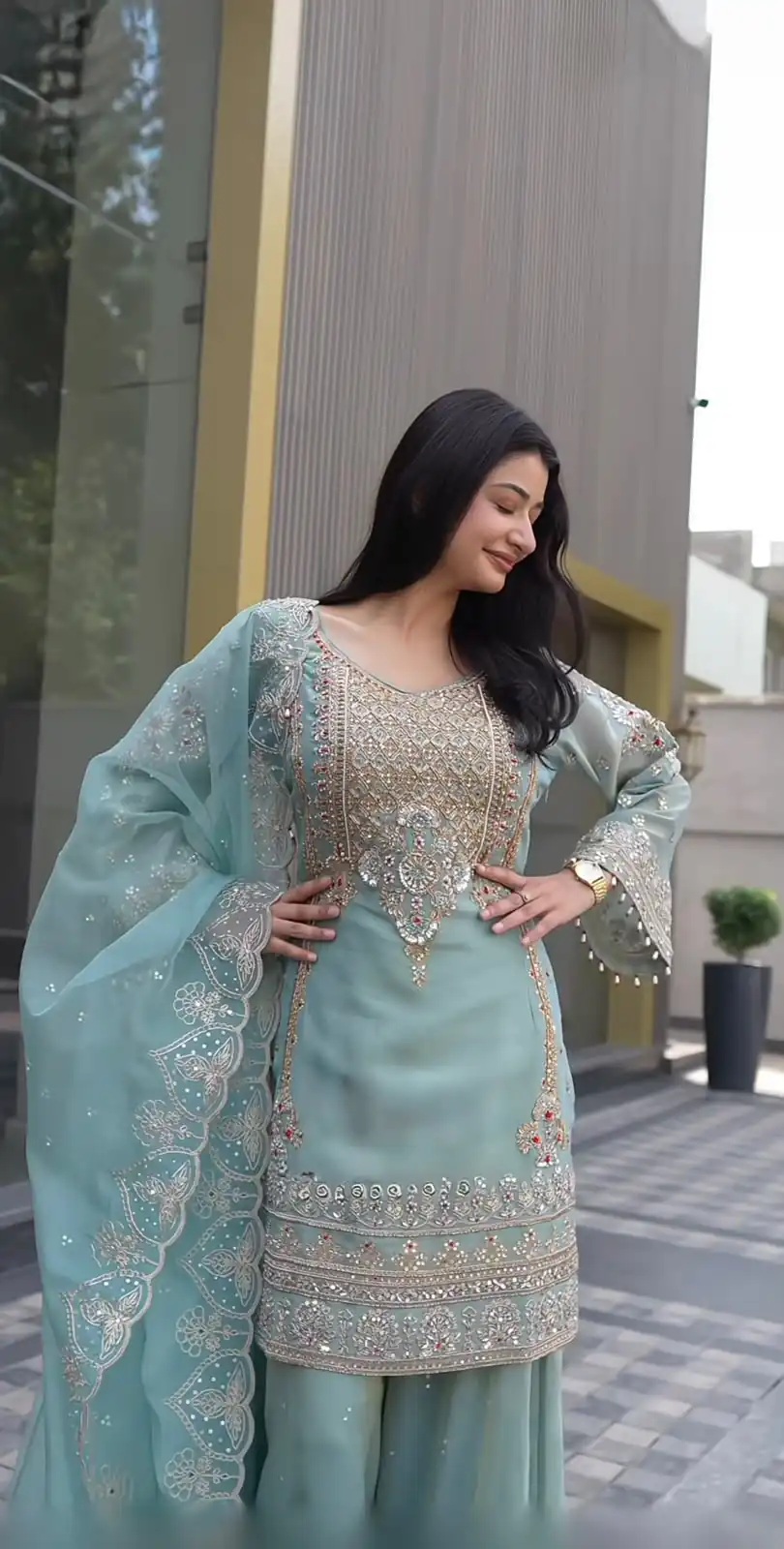 Pretty Dusty Blue Faux Georgette Thread Work Salwar Suit - Image 4