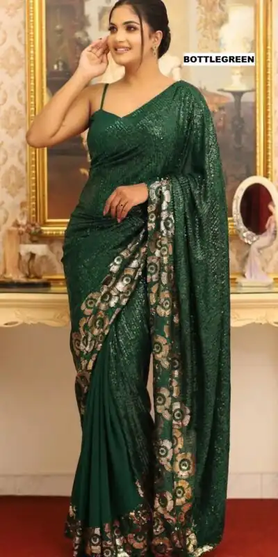 Pretty Green Faux Georgette Sequins Work Saree