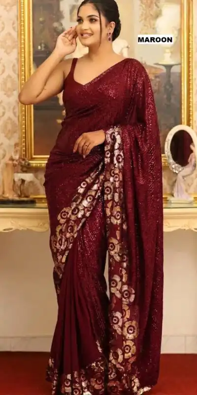 Pretty Maroon Faux Georgette Sequins Work Saree